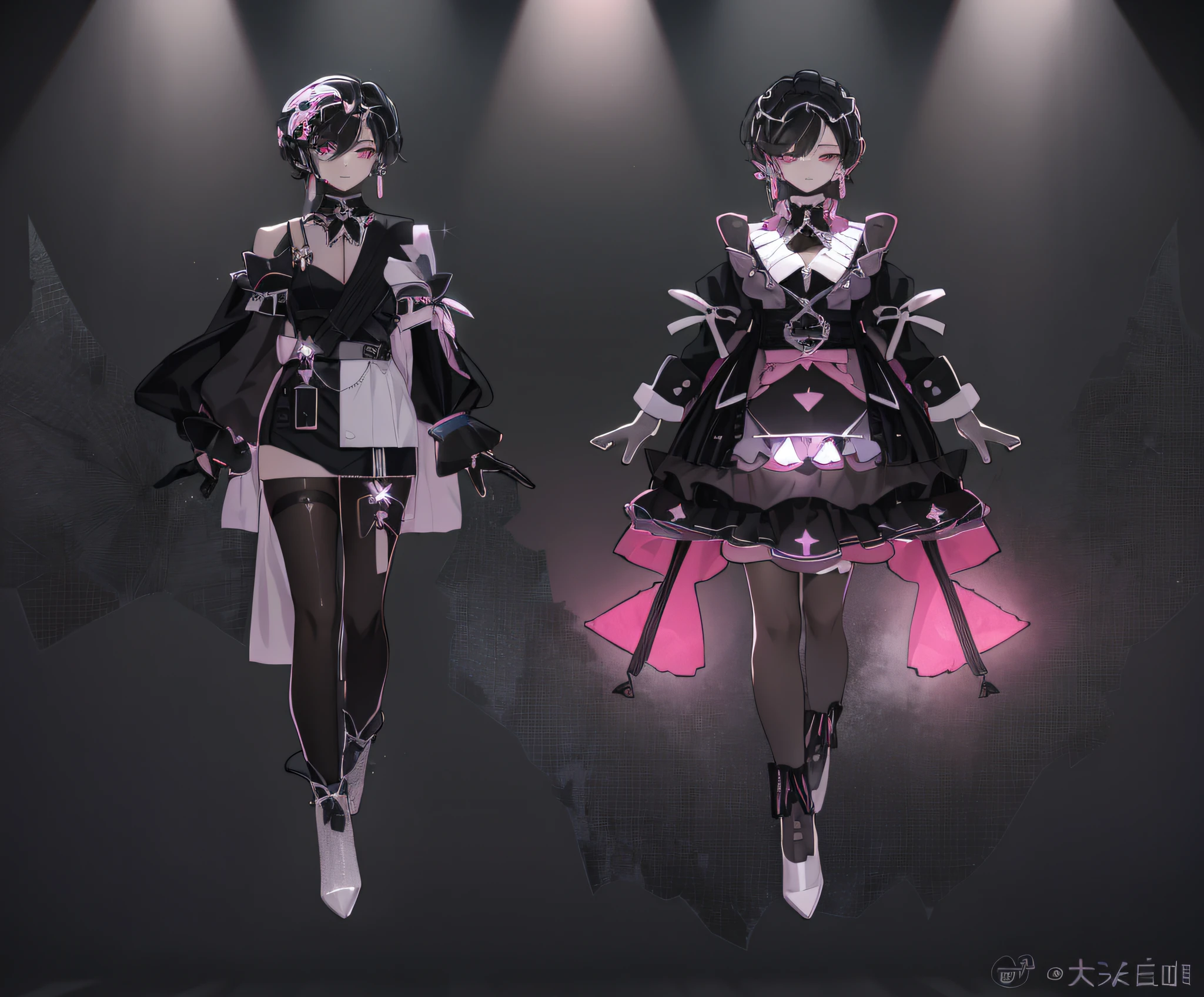 H bronya, 2girl, solo, accessories, black hair, bangs, pink eyes, grim expression, silver star-shaped earrings, irregular cut, black paneled skirt, embellished black crystal, silver shimmering star chips, skirt tail mopping, gothic, silver lace-up heels, gothic style