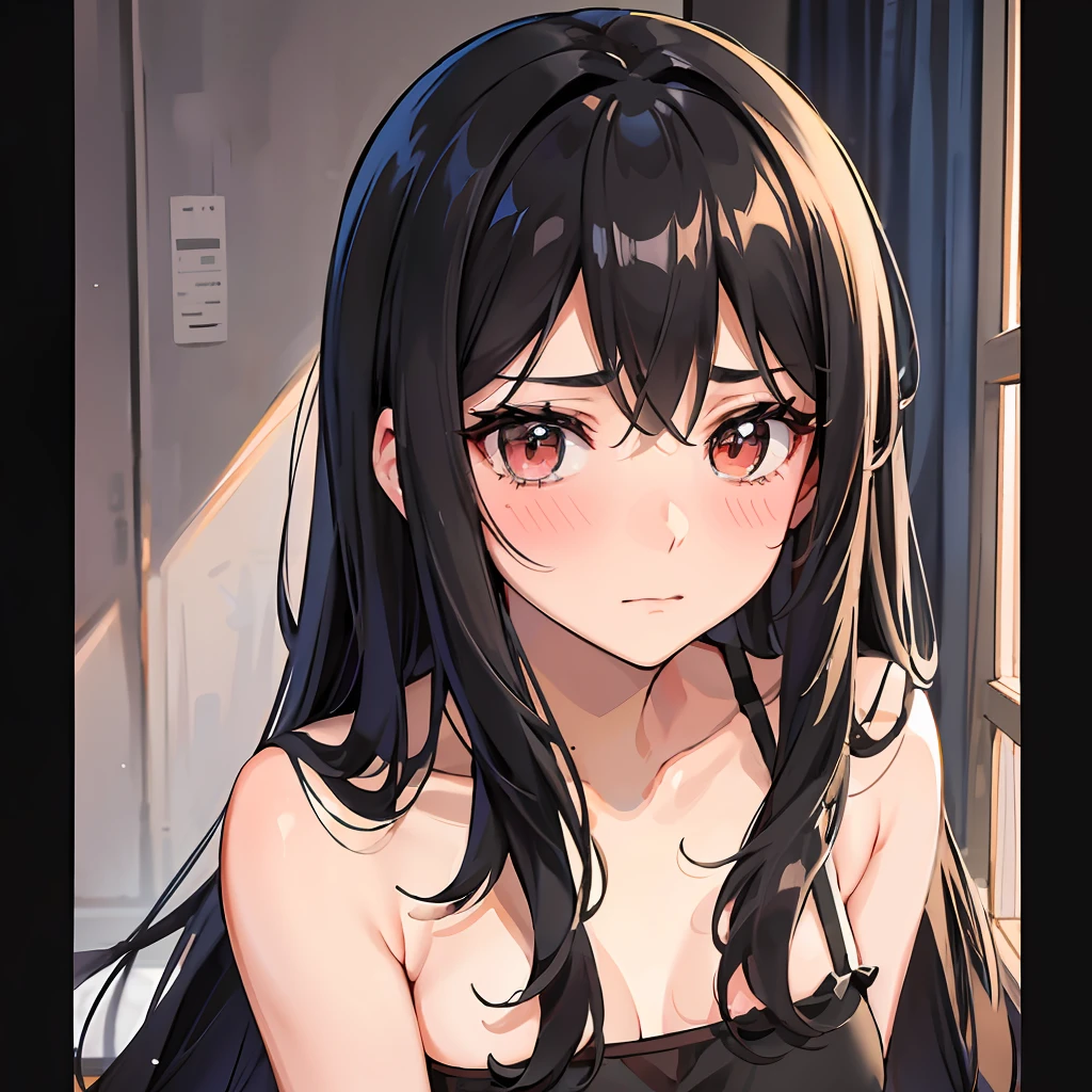 Mature boxer with long black hair. She is shy and cannot make eye contact. Her cheeks are blushing. She wears black underwear. The background is a dark bedroom. Close-up images. I'm having a conversation with someone