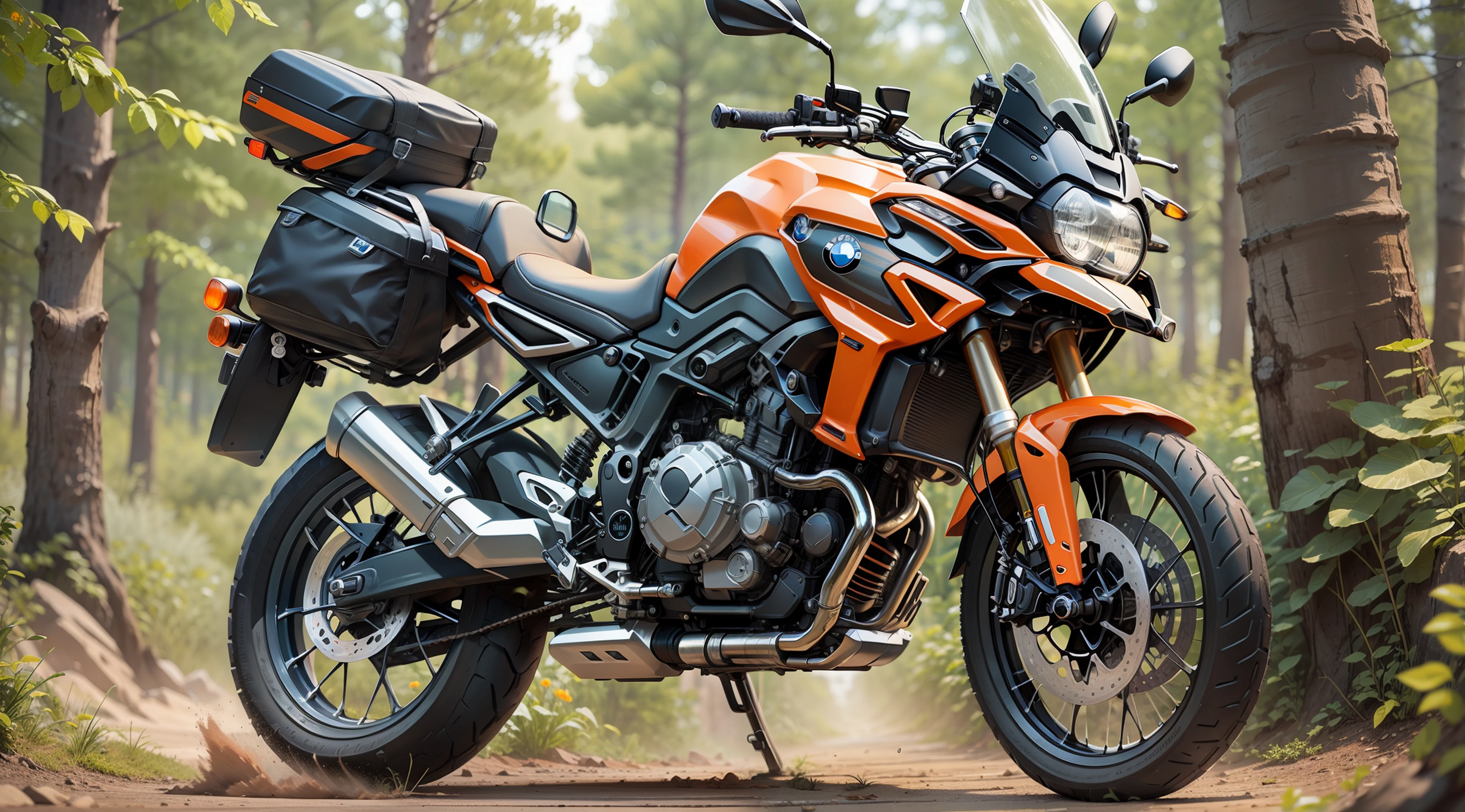A BMW motorcycle model GS 1250, Big Trail style, orange and black color