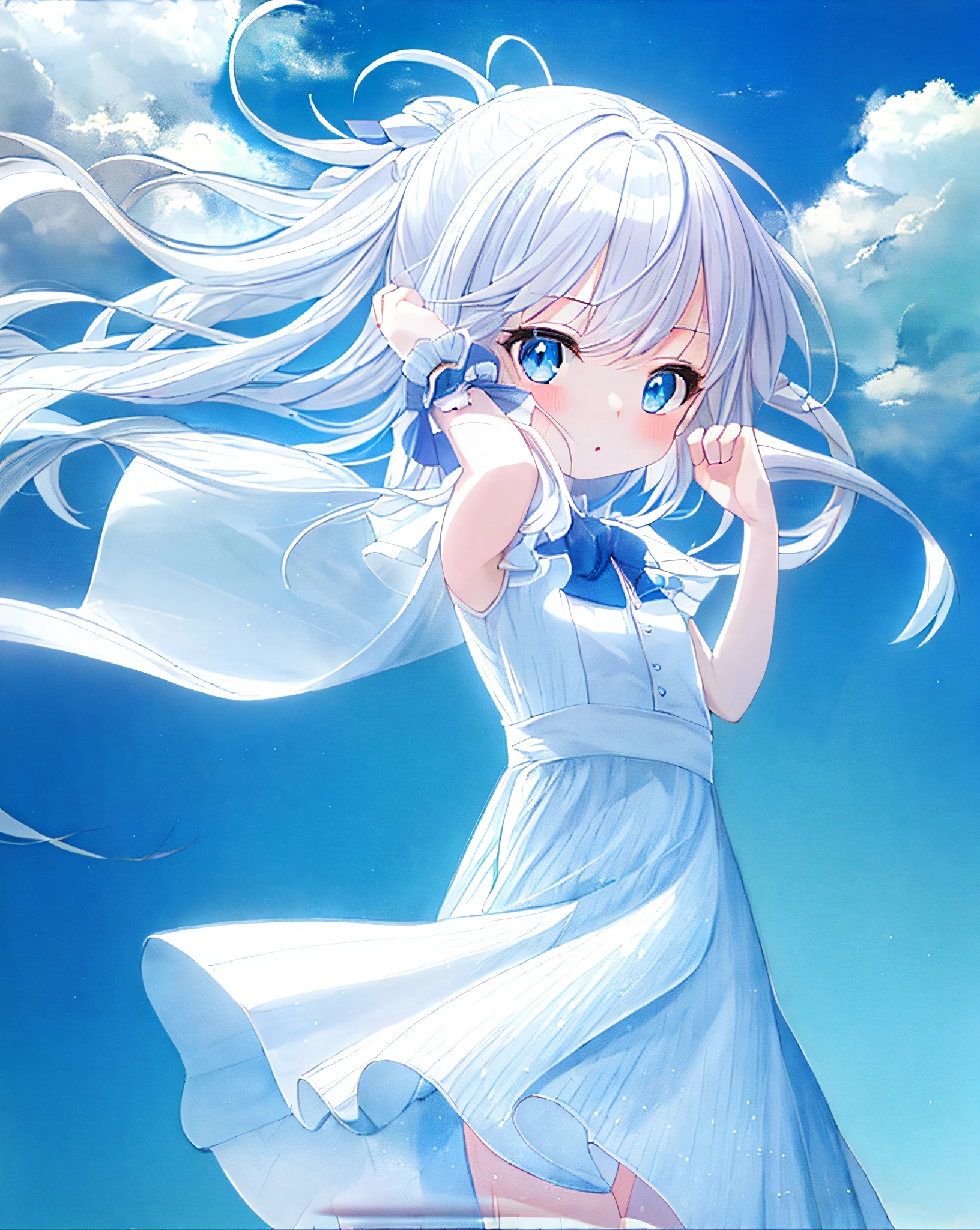(((Masterpiece))),Superb Image Quality,Super Detail,Ultra High Definition,Anime girl with long white hair and blue eyes dress,Lori in dress,White hair girl,Perfect white hair girl,Beautiful anime girl,Cute girl anime visual, White hair god,Cute anime wife in a nice dress,White hair,Beautiful puffy clouds. Anime, cute anime girl, (anime girl), smooth anime CG art, blue sky looking up