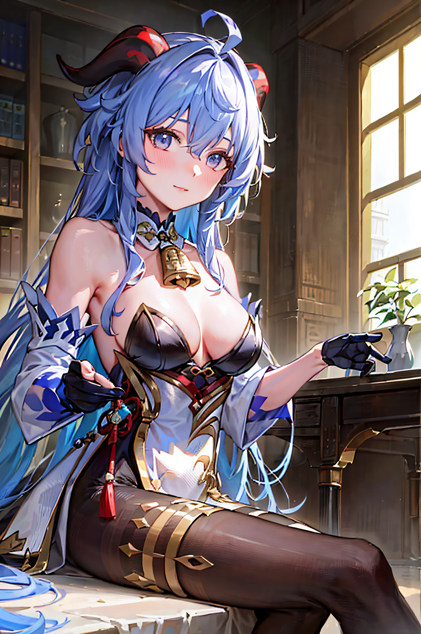 (photorealistic:1.4), (masterpiece, sidelighting, finely detailed beautiful eyes: 1.2), masterpiece*portrait, realistic, 3d face, 
ganyu \(genshin impact\), 1girl, ahoge, architecture, bangs, bare shoulders, bell, black gloves, black pantyhose, (blue hair), blush, breasts, chinese knot, detached sleeves, flower knot, gloves, horns, long hair, looking at viewer, medium breasts, neck bell