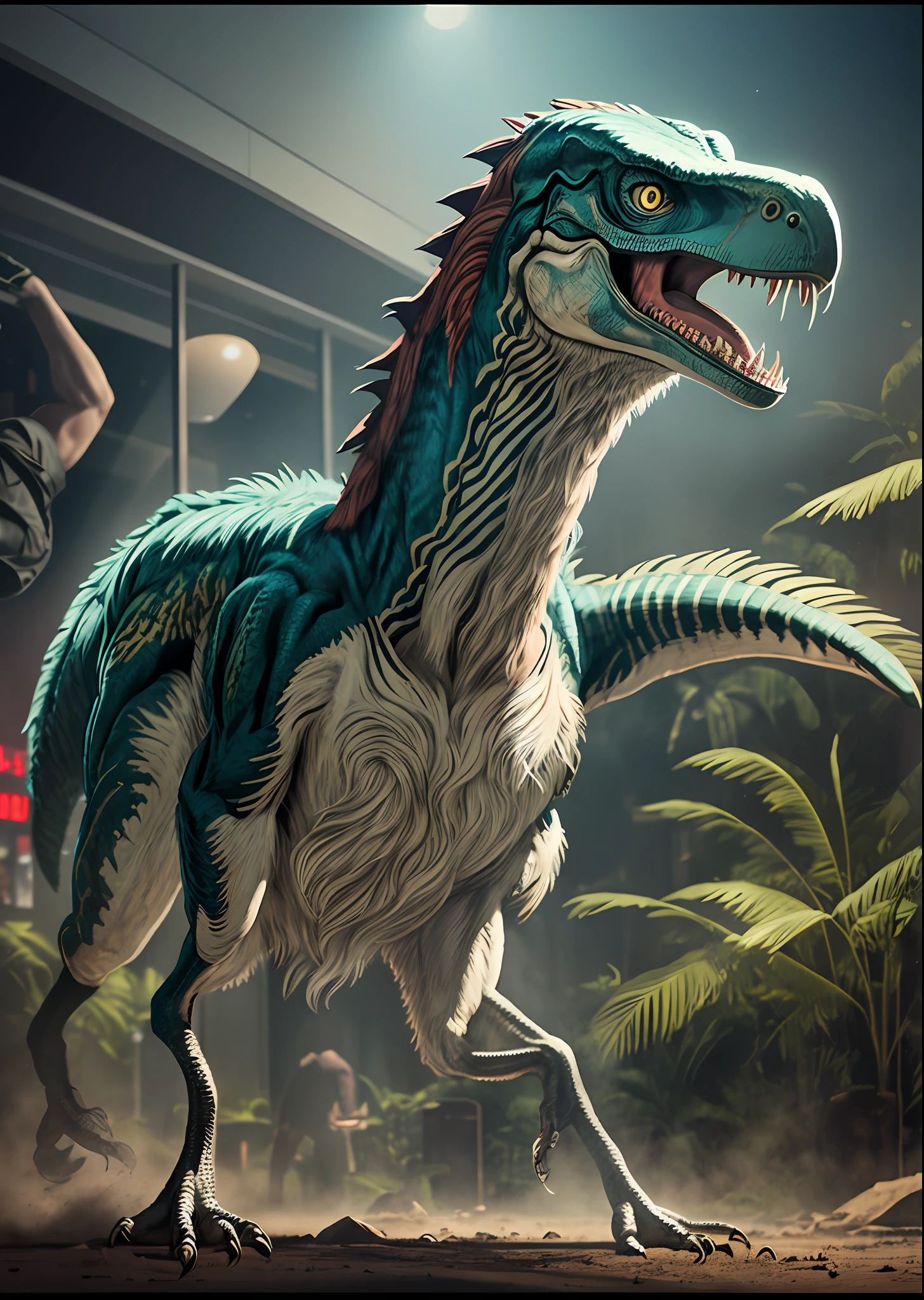 Velociraptor disco party in the Visitor Center, Jurassic Park. The raptors are dancing and having a great time, but there is also a lot of blood everywhere. The scene is chaotic and surreal, with the raptors' feathers and blood blending together in a blur of color. The camera is a Canon EOS 5D Mark IV with a wide-angle lens. The time of day is night, and the style of the photograph is realistic. The film is color.