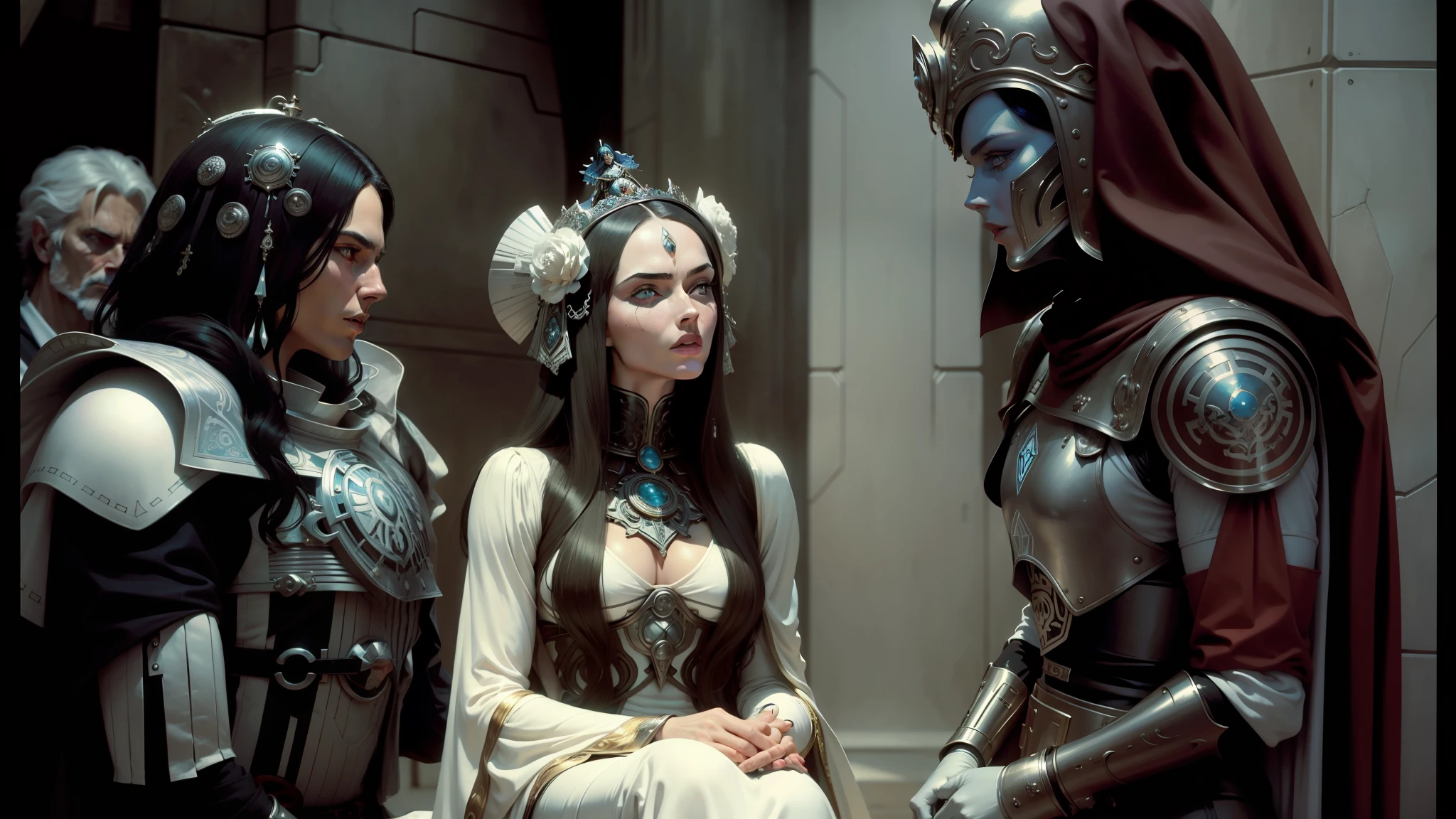 plump woman in white dress sitting next to two men in armor, jodorowsky dune, carmen dell'orefice, elfpunk, inspired by Nina Tryggvadóttir, still of megan fox, ornate cosplay, from star wars (1977), holding court, alphonsa Mucha, Steven Meisel --auto --s2
