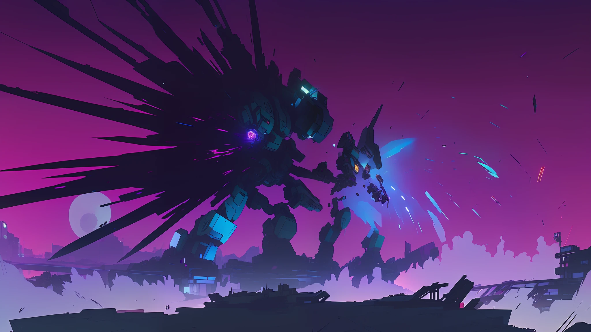anime style scene of a giant robot with a huge blade, supergiant games, an anime large mecha robot, giant sentinel crashed on earth, hyper light drifter, giant broken robot, android jones and atey ghailan, discarded mech in background, giant anime mecha, very coherent stylized artwork, krenz cushart and artem demura