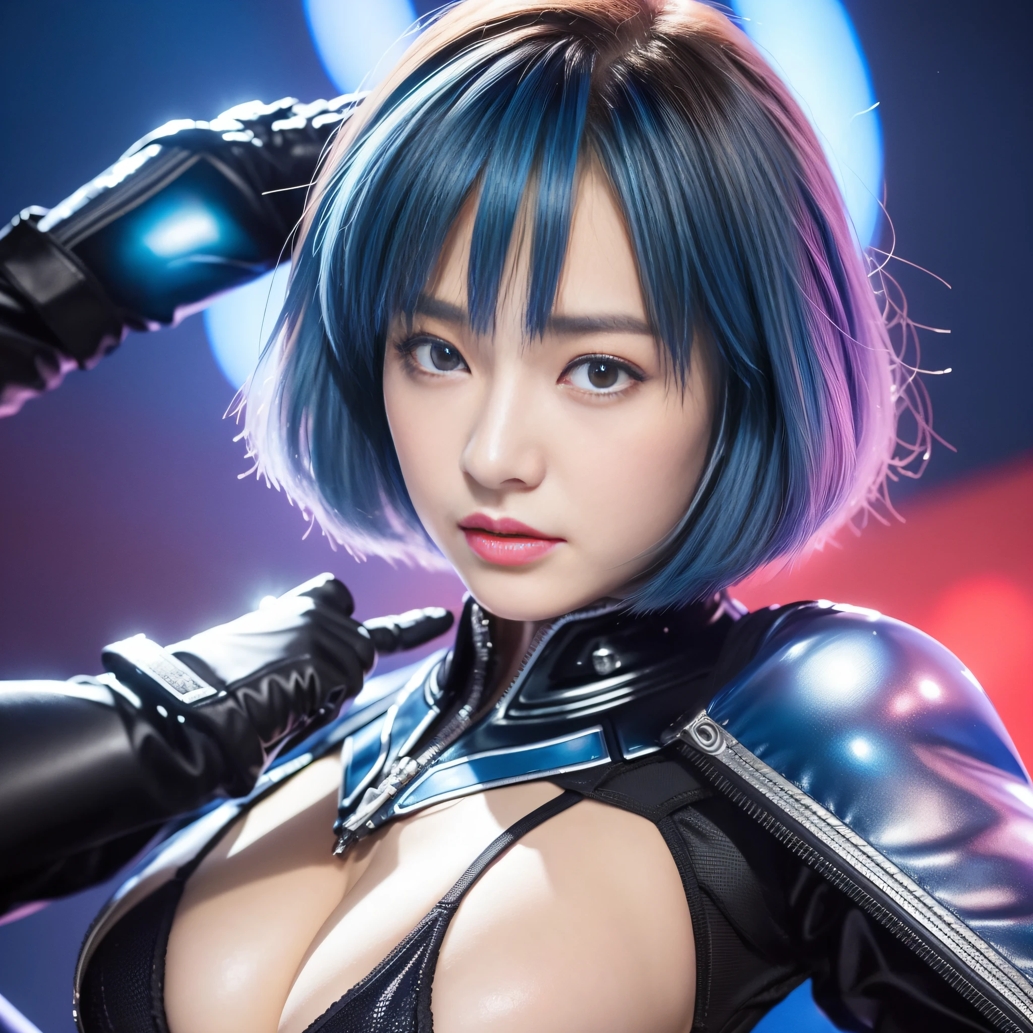 Best Quality, Super Hi-Res, 1girl, Masterpiece,,Plugsuit,bodysuit,Solo,((( Colossal breasts)))), white_bodysuit, pilot_suit, lance_of_longinus, Bangs , Mechanical clothes, Small logo pattern on the chest 0, (Short hair)))), (Short hair))), (Short hair))), Bangs, Rei Ayanami Best quality, Ultra High Resolution, (Photorealistic: 1.4), Blue Eyes, Watch Viewer, Blush, Red Lips, (ulzzang-6500-v1.1:1), Rei Ayanami, Enhanced Suit (Best Quality, 8k, 32k, Masterpiece, UHD: 1.2), Detailed Eyes, Black Eyes, Cold Eyes, Double Eyelids, Watch Viewer, (Big: 3) (Cleavage: 1.2), Japan Anime, Evangelion, Rei Ayanami, Japan idol, Japan, asian woman, hands raised, big, protruding, studio collar, plug suit, 15~20 years old, long eyes, short blue hair, narrow eyes, Buddha eyes, open mouth, serious gaze, warrior, bright blue hair, thin eyebrows, chest open, {{{masterpiece}}}, {{best quality}}}, {{ ultra-detailed}}, {illustration}, {{an extremely delicate and beautiful}},real face, realistic skin, luster, near future,