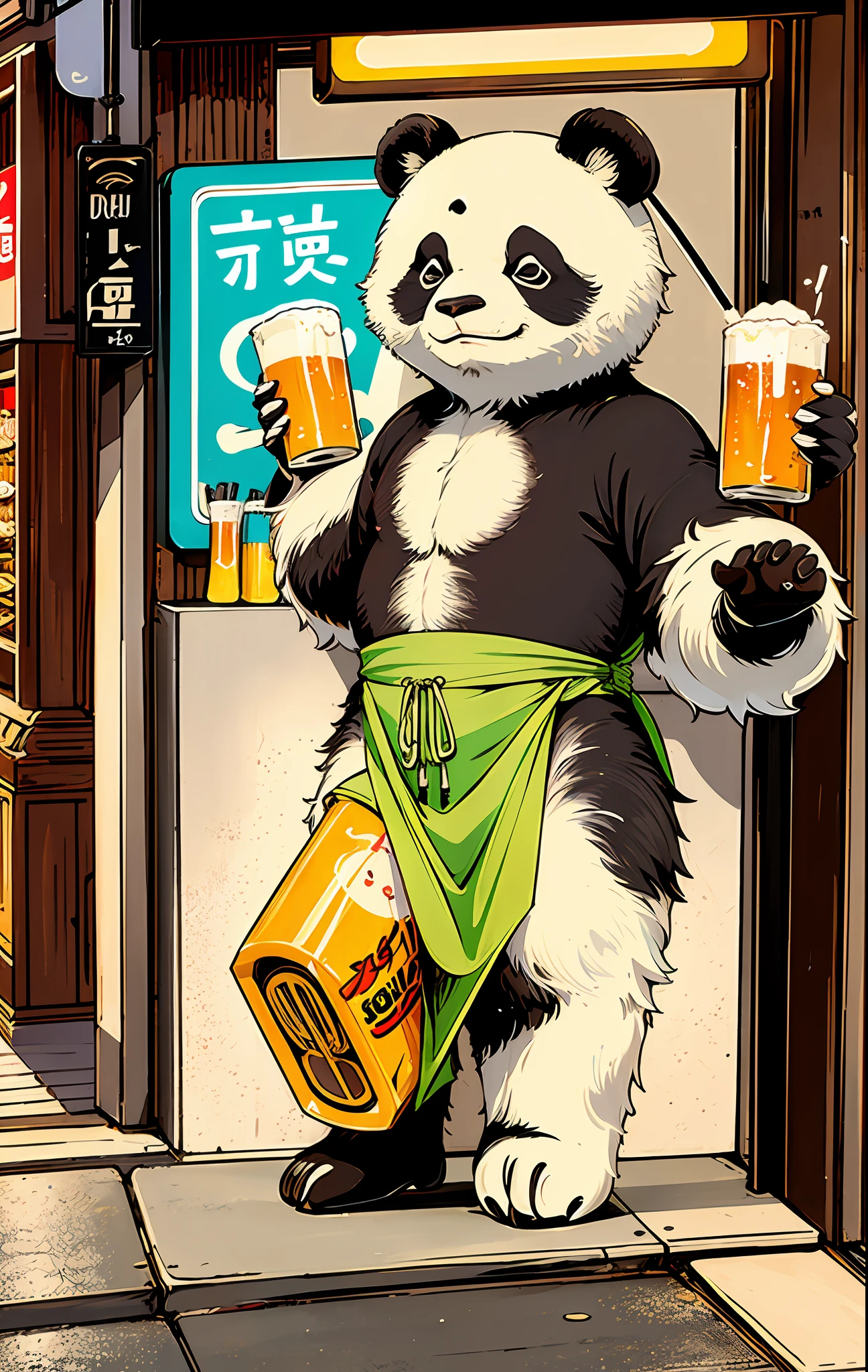 A panda drinking in a bar, panda holding beer in his hand, with panda bar font on the cover, masterpiece, light neon