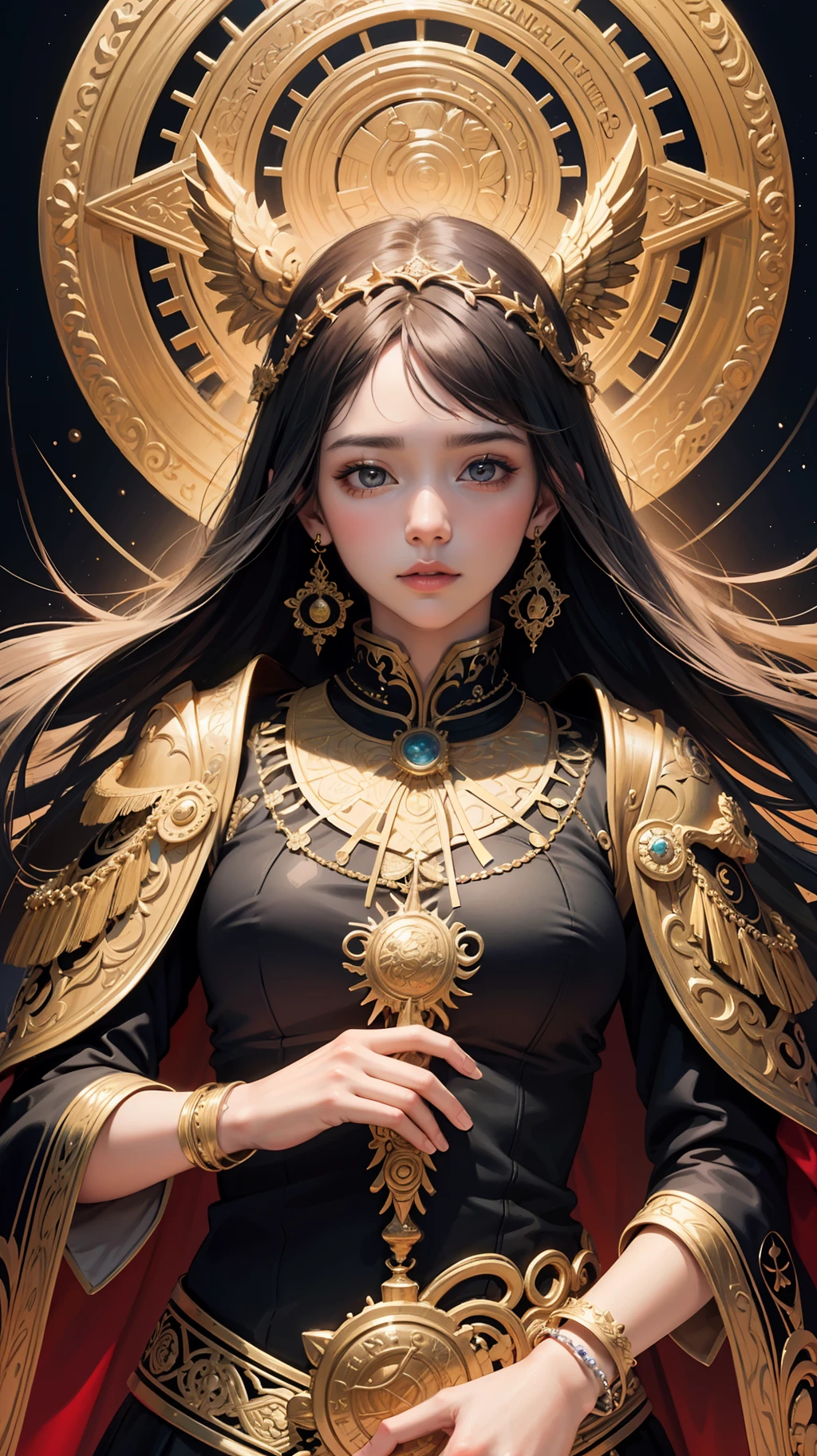 (masterpiece, top quality, best quality, official art, beautiful and aesthetic:1.2), (1girl), extreme detailed,colorful,highest detailed, official art, unity 8k wallpaper, ultra detailed, beautiful and aesthetic, beautiful, masterpiece, best quality, (zentangle, mandala, tangle, entangle) ,holy light,gold foil,gold leaf art,glitter drawing, PerfectNwsjMajic