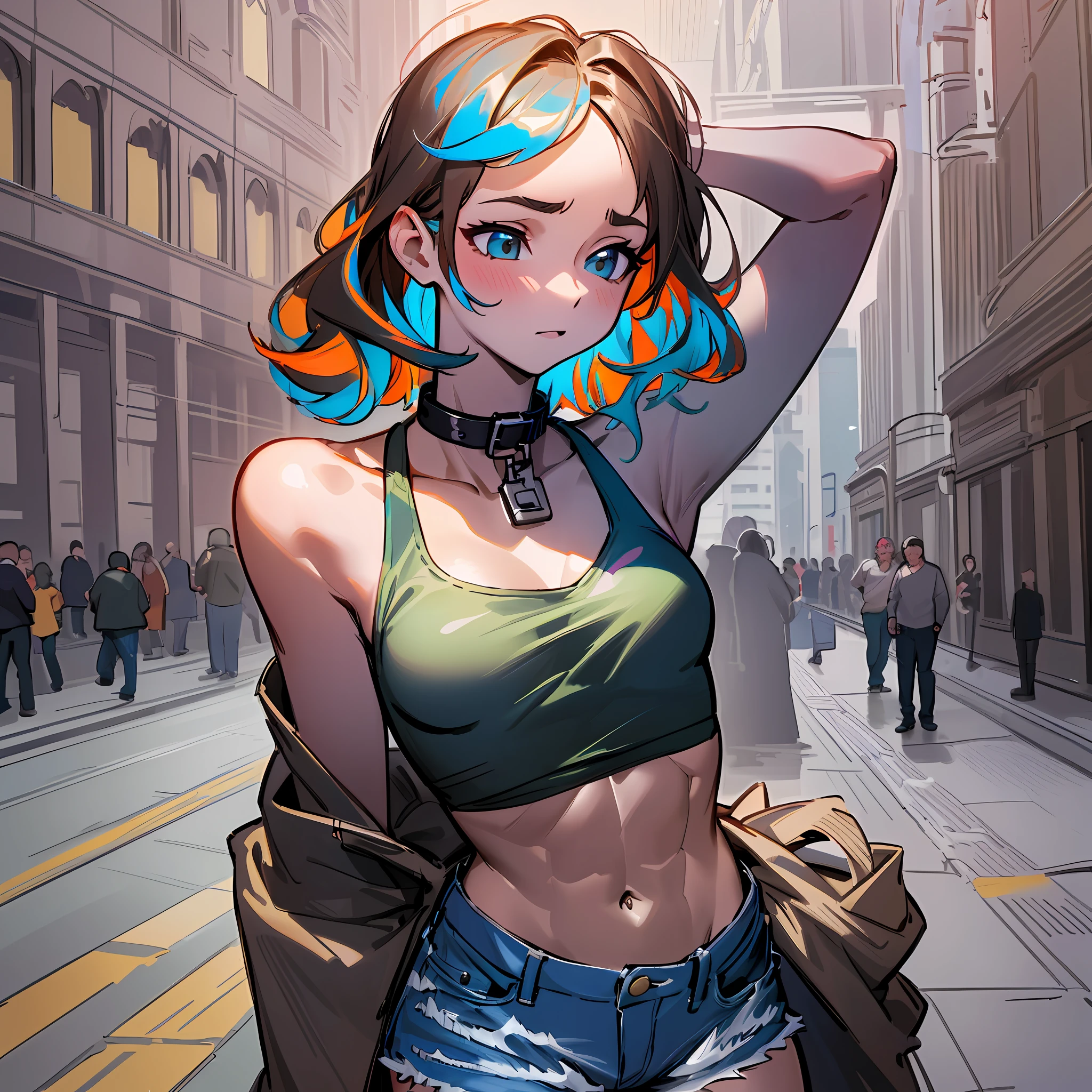 ((medium breast, tomboy girls, small head)),  (chiseled abs : 1.1), (perfect body : 1.1), (short wavy hair : 1.2) , auburn hair, collar, chain, full body shot, crowded street, wearing black tanktop, jeans jacket, ((shorts)), (extremely detailed CG 8k wallpaper), (an extremely delicate and beautiful), (masterpiece), (best quality:1.0), (ultra highres:1.0),  beautiful lighting ,perfect lightning, realistic shadows, [highres], detailed skin, ultra-detailed (((colorful)))