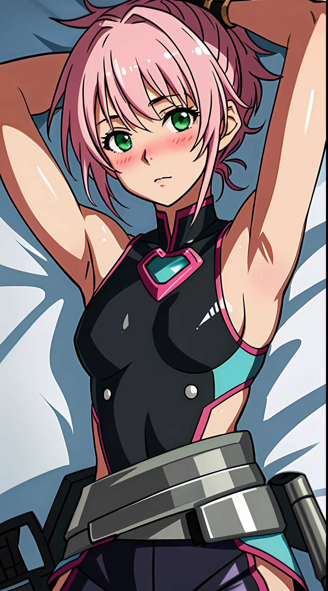 best quality, 8k, sharp focus, depth of field, best shadows, perfect lights, HDR, realistic skin texture, detailed, hyper detailed background, solo, 1 woman, Yuna crawford, pink hair, short ponytail and messy bangs, green eyes, small boobs, lying on the bed, shoulders showing, anime style inspired by trails of cold steel IV, Very sexy and lewd, Ecchi, blushing, armpit, UP gun, good lighting, detailed room, "what are you doing, instructor?"