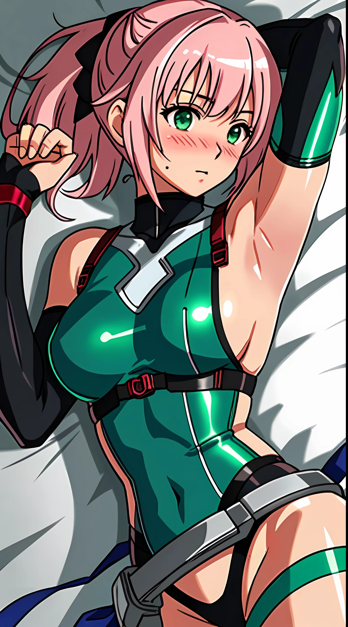 best quality, 8k, sharp focus, depth of field, best shadows, perfect lights, HDR, realistic skin texture, detailed, hyper detailed background, solo, 1 woman, Yuna crawford, pink hair, short ponytail and messy bangs, green eyes, small boobs, lying on the bed, shoulders showing, anime style inspired by trails of cold steel IV, Very sexy and lewd,  Ecchi, blushing, armpit, UP gun, good lighting, detailed room, "what are you doing, instructor?"
