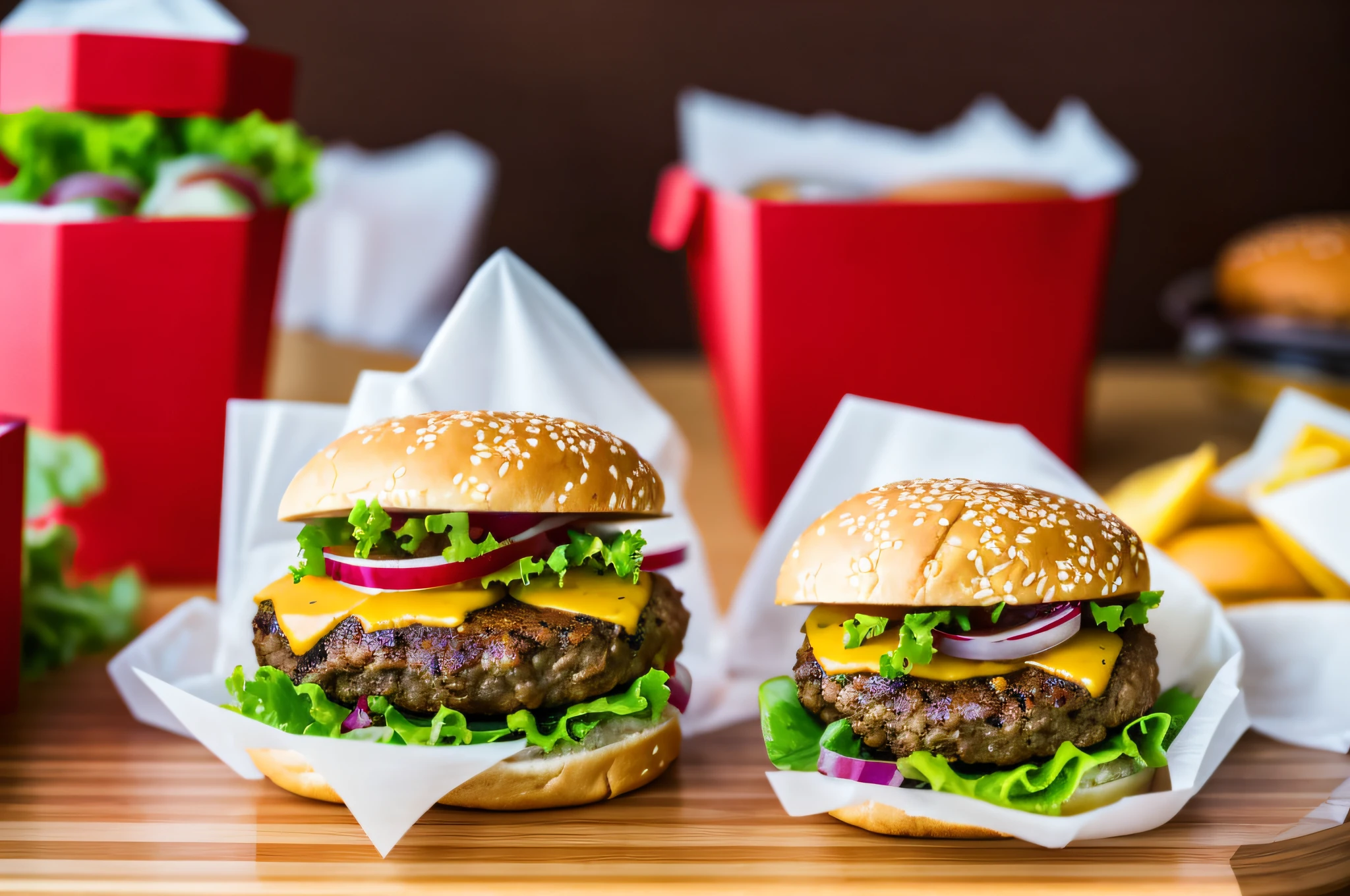 "Juicy and delicious hamburger in the foreground, paper packaging box open to reveal the sandwich inside, clean and tidy kitchen in the background, fast food, wide angle, dynamic composition." --auto --s2