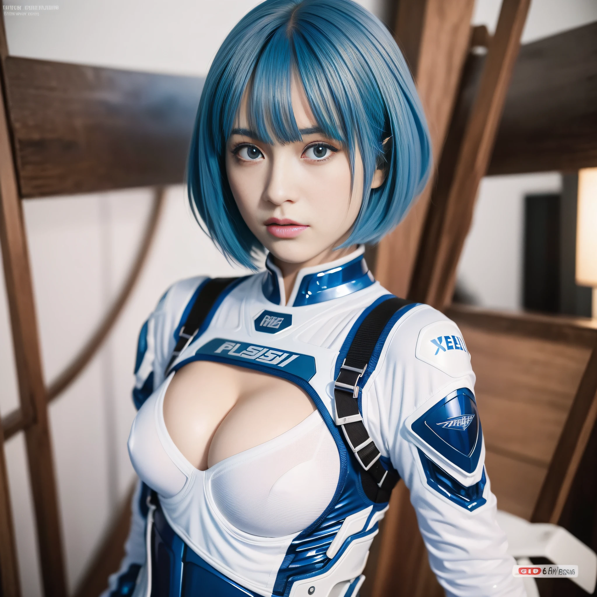 Best Quality, Super Hi-Res, 1girl, Masterpiece,,Plugsuit,bodysuit,Solo,((( Colossal breasts)))), white_bodysuit, pilot_suit, lance_of_longinus, Bangs , Mechanical clothes, Small logo pattern on the chest 0, (Short hair)))), (Short hair))), (Short hair))), Bangs, Rei Ayanami Best quality, Ultra High Resolution, (Photorealistic: 1.4), Blue Eyes, Watch Viewer, Blush, Red Lips, (ulzzang-6500-v1.1:1), Rei Ayanami, Enhanced Suit (Best Quality, 8k, 32k, Masterpiece, UHD: 1.2), Detailed Eyes, Black Eyes, Cold Eyes, Double Eyelids, Watch Viewer, (Big: 3) (Cleavage: 1.2), Japan Anime, Evangelion, Rei Ayanami, Japan idol, Japan, asian woman, hands raised, big, protruding, studio collar, plug suit, 15~20 years old, long eyes, short blue hair, narrow eyes, Buddha eyes, open mouth, serious gaze, warrior, bright blue hair, thin eyebrows, chest open, {{{masterpiece}}}, {{best quality}}}, {{ ultra-detailed}}, {illustration}, {{an extremely delicate and beautiful}},real face, realistic skin, luster, near future, gantz,
