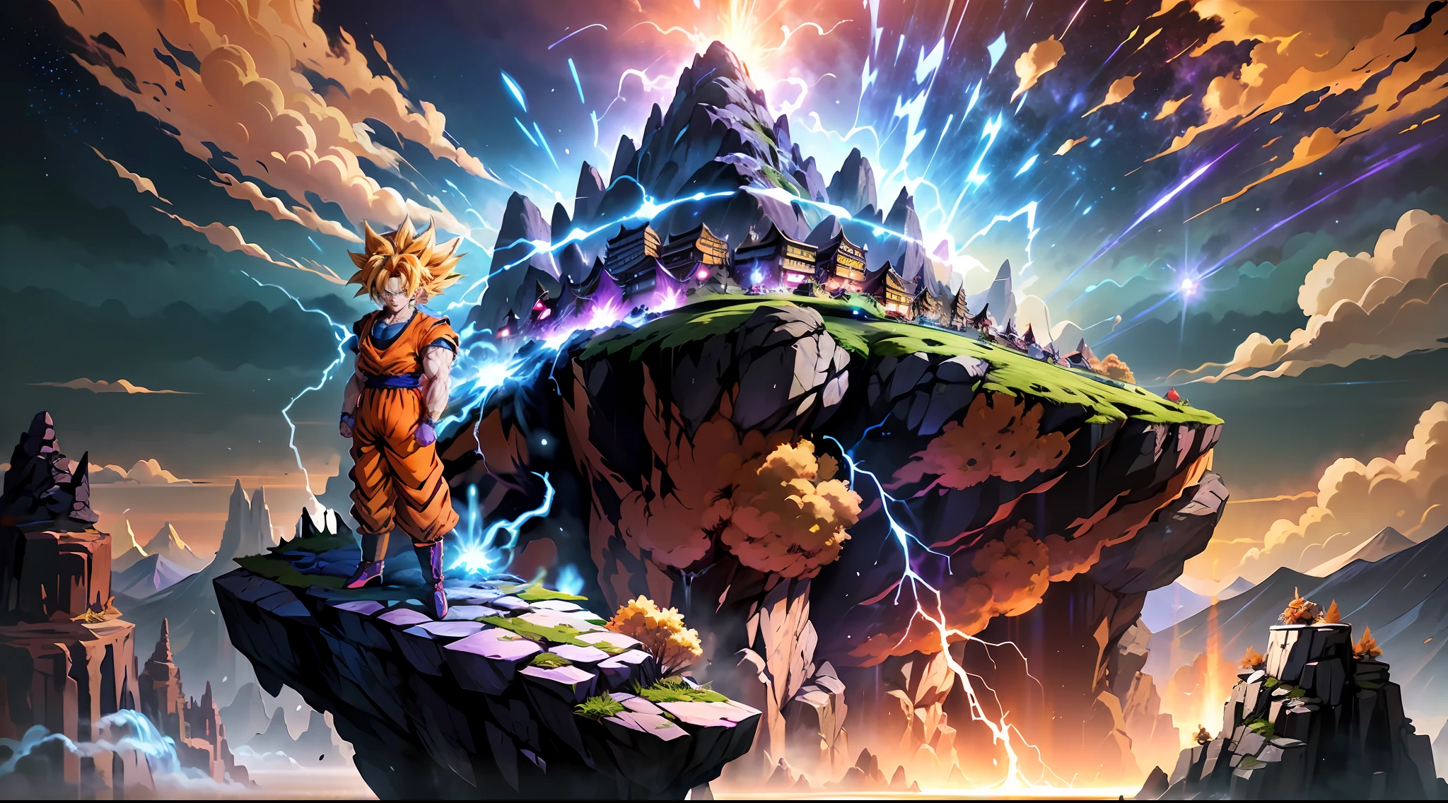Super Saiyan Goku unleashes a massive energy wave while standing on top of a mountain, the surroundings are filled with lush greenery, and the sky is a mix of orange and purple hues. The energy wave is bright blue with electric sparks around it. (anime:1.2), (dramatic lighting:1.1), (vibrant colors:1.3), (cell-shaded:1.1), (dynamic composition:1.2)