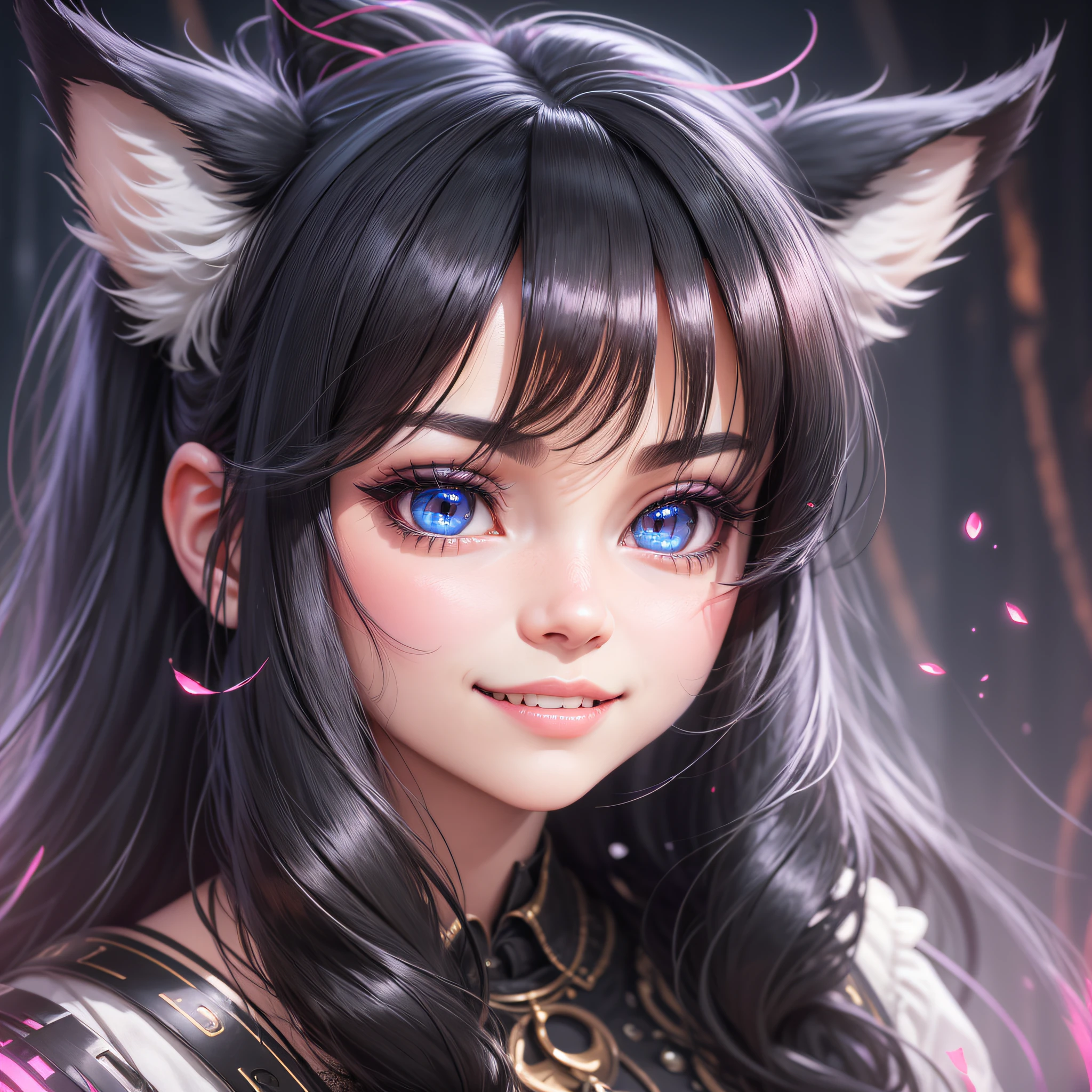 black hair, hair bobbles, wince, longeyelashes, solid circle eyes, fake animal ears, light smile, ear blush, fang, Surrealism, drop shadow, anaglyph, stereogram, tachi-e, pov, atmospheric perspective, 8k, super detail, ccurate, best quality