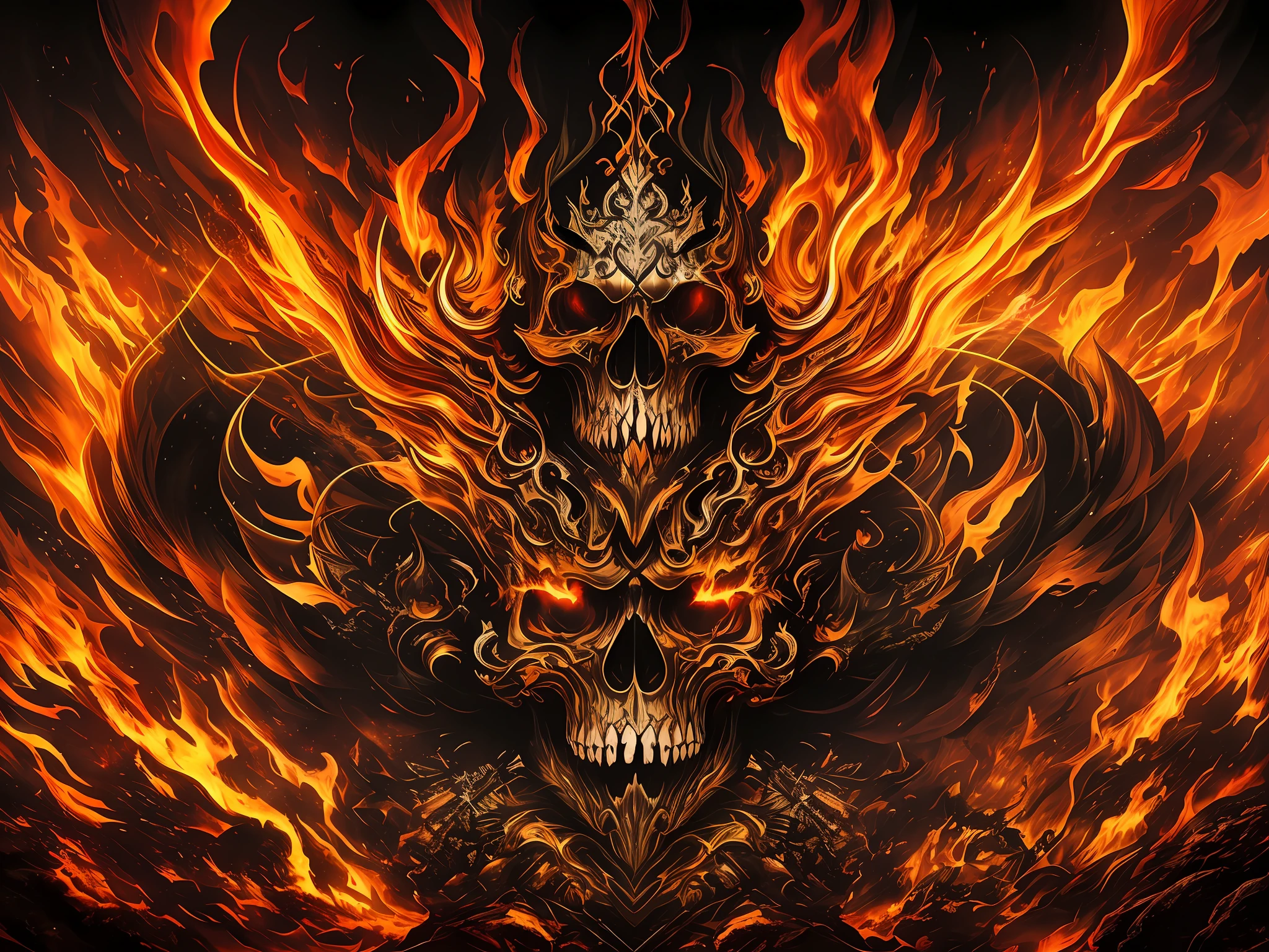 A dynamic and ferocious cover art for a melodic death metal album, featuring a skull-faced figure engulfed in flames and surrounded by swirling vortexes. The artwork is created in a bold and energetic style, with vibrant colors and strong contrasts. The mood of the artwork is intense and aggressive, capturing the raw energy and brutality of the music. The lighting style of the graphic employs fiery and dramatic lighting effects, illuminating the figure with an intense glow. Graphic design, ultra-realistic, grunge frame, white background. --auto --s2