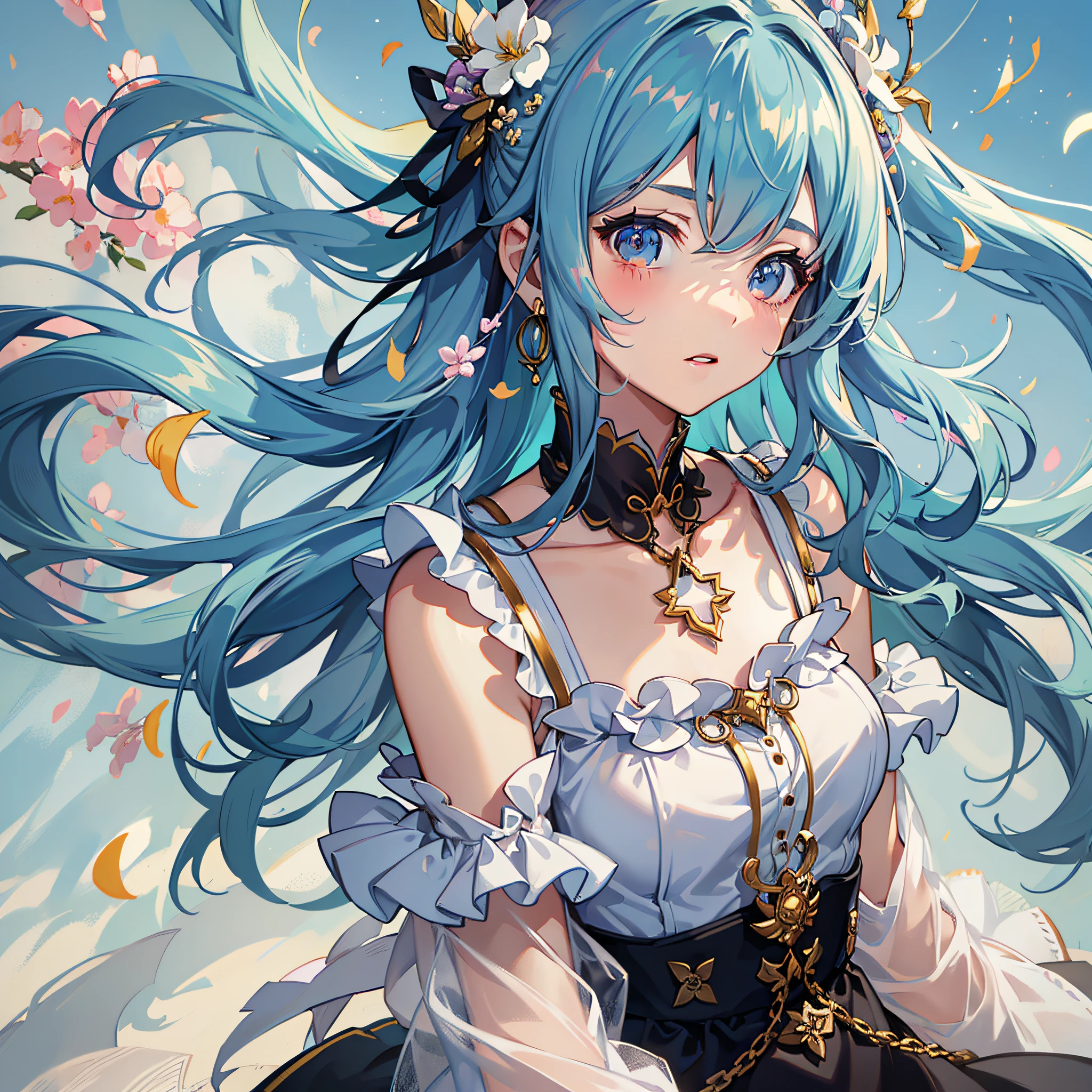 (masterpiece), (best quality), (ultra detailed),(disheveled hair),(illustration), (1girl), (Fashionable clothing), standing, Fashion model, looking at viewer, (interview), (simple background),beautiful detailed eyes, delicate beautiful face, Floating,(high saturation),(colorful splashes),colorful bubble,(shining), focus on face,  ponytail, kamisato ayaka, light blue hair, bangs, hair ring, floating flowers, floating hairs, (shining), best lighting, best shadow,