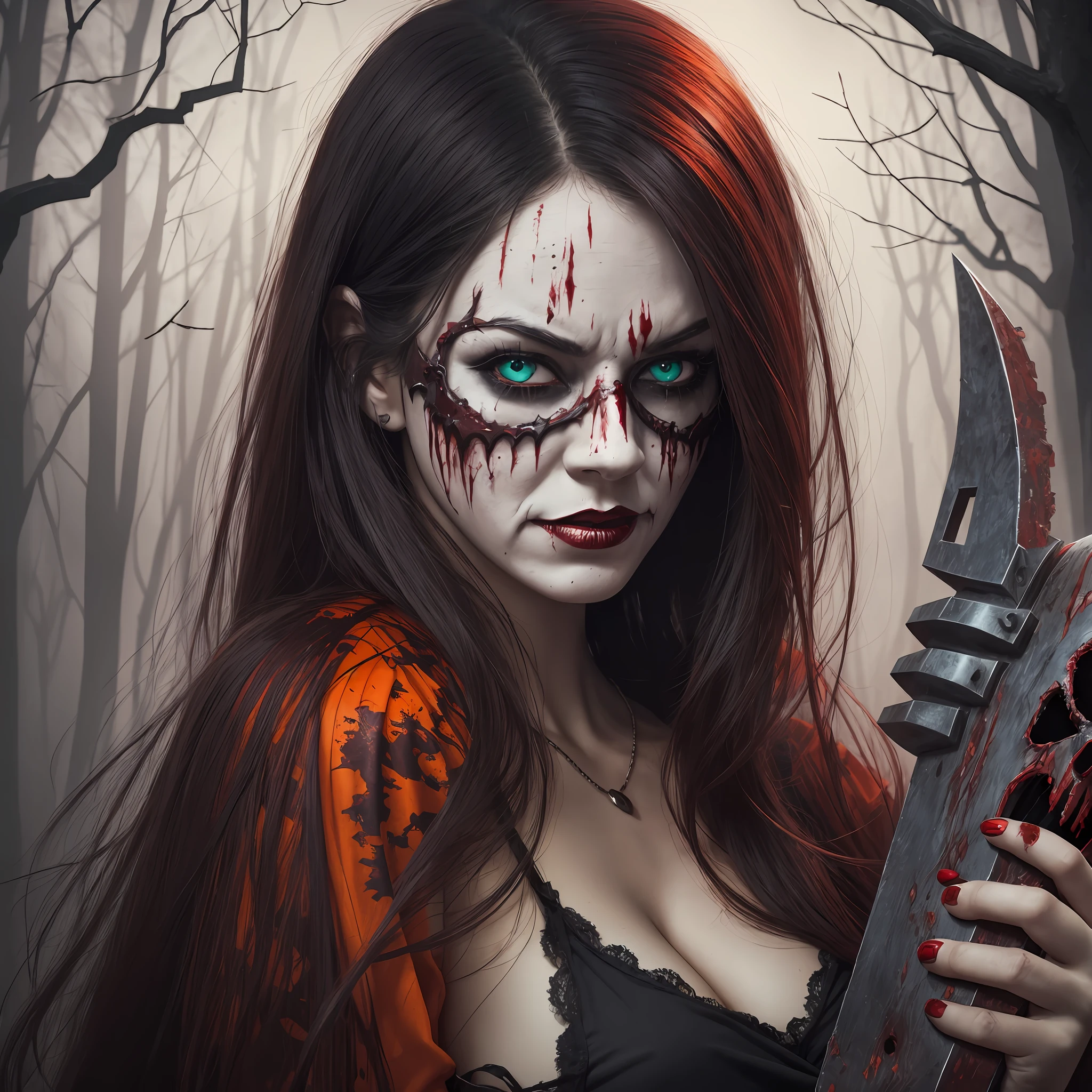 (best quality), (top quality), (dark), (whole body), (melancholy), (sadness), (agony), (terror), (horror), (warm and vibrant colors), (bright) woman wearing halloween mask, holding a blood-stained chainsaw.