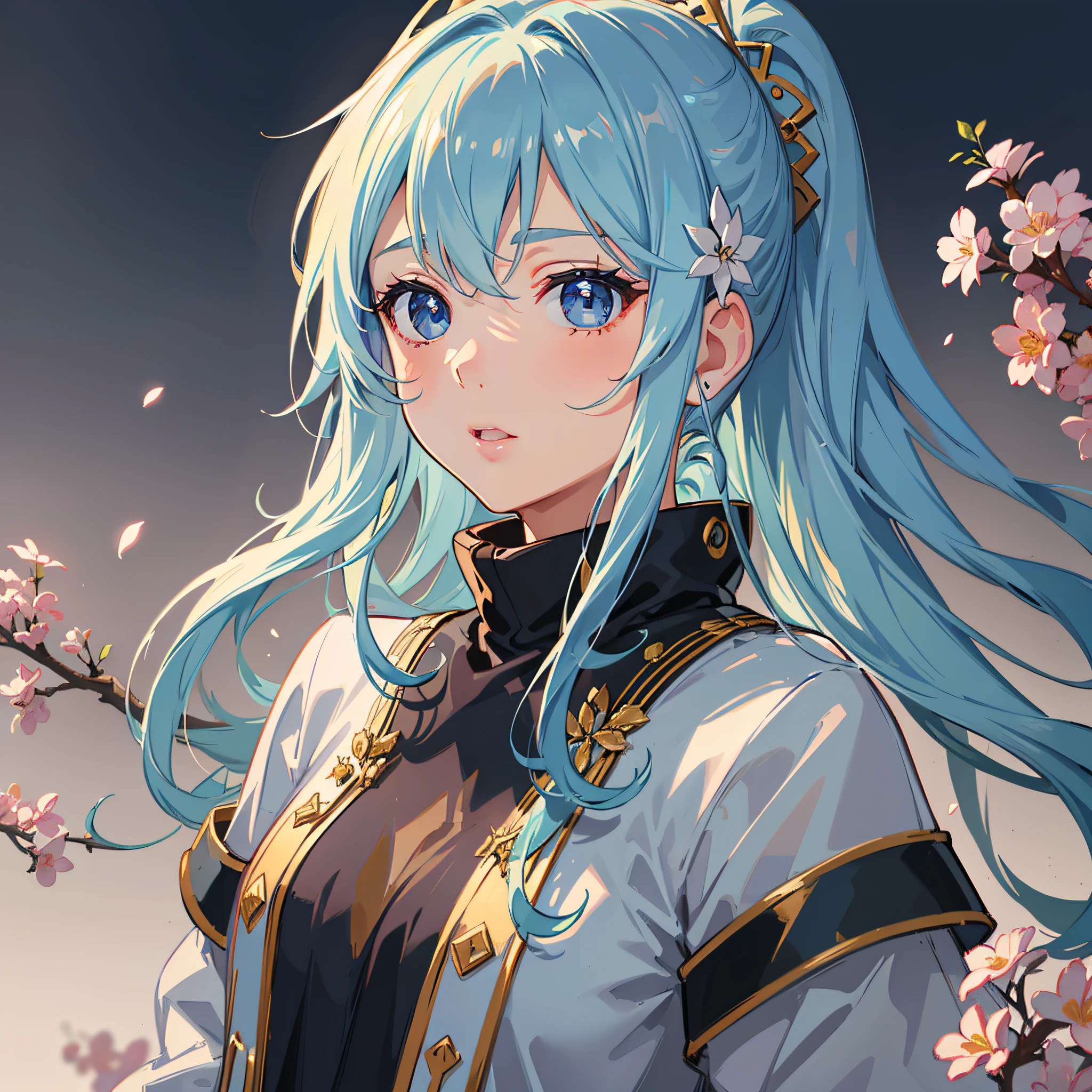 (masterpiece), (best quality), (ultra detailed),(disheveled hair),(illustration), (1girl), (Fashionable clothing), standing, Fashion model, looking at viewer, (interview), (simple background),beautiful detailed eyes, delicate beautiful face, Floating,(high saturation),(colorful splashes),colorful bubble,(shining), focus on face, ponytail, kamisato ayaka, light blue hair, bangs, hair ring, floating flowers, floating hairs, (shining), best lighting, best shadow,