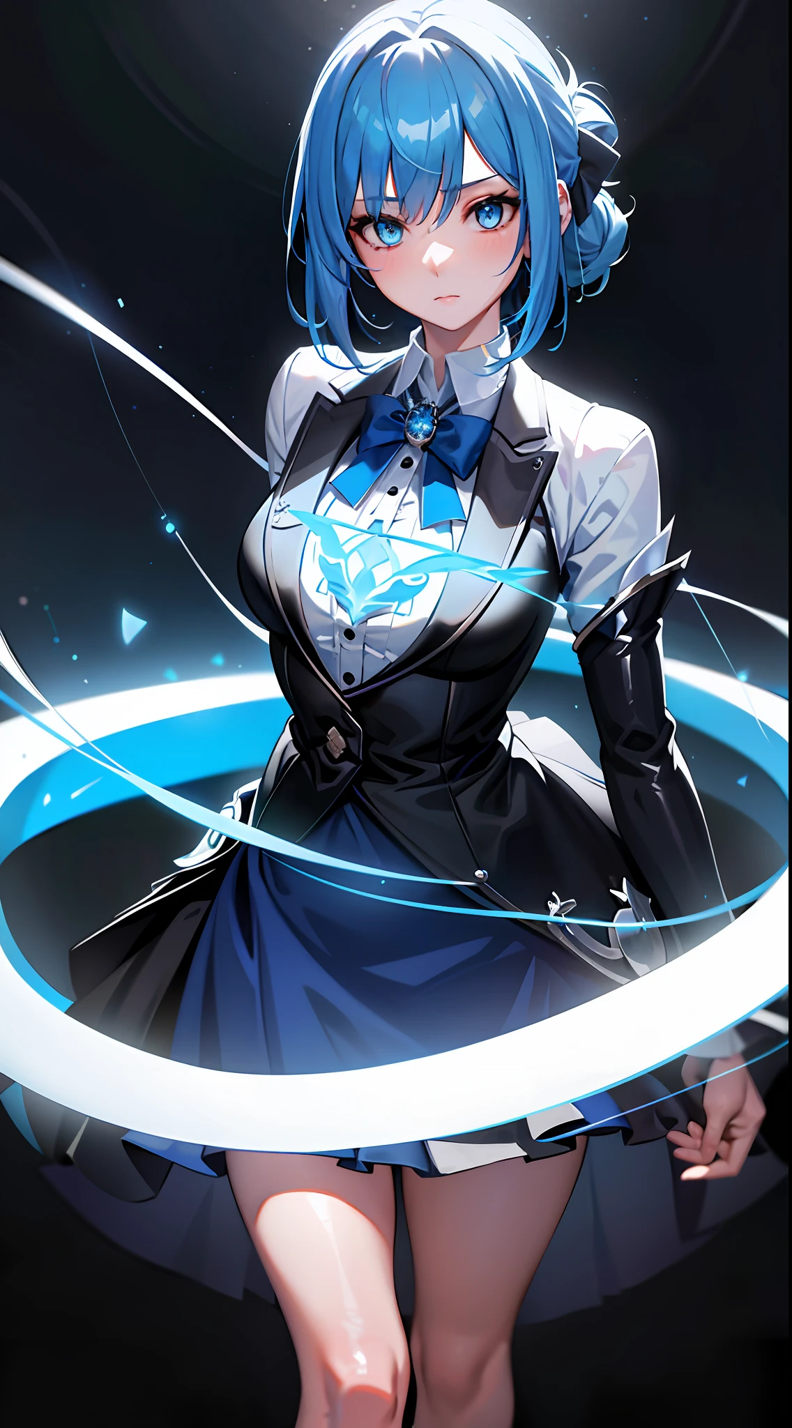 ((masterpiece)),(best quality),(detailed),(1girl), blue hair, blue glowing eyes, Updo, white shirt, black skirt, looking down on the viewer