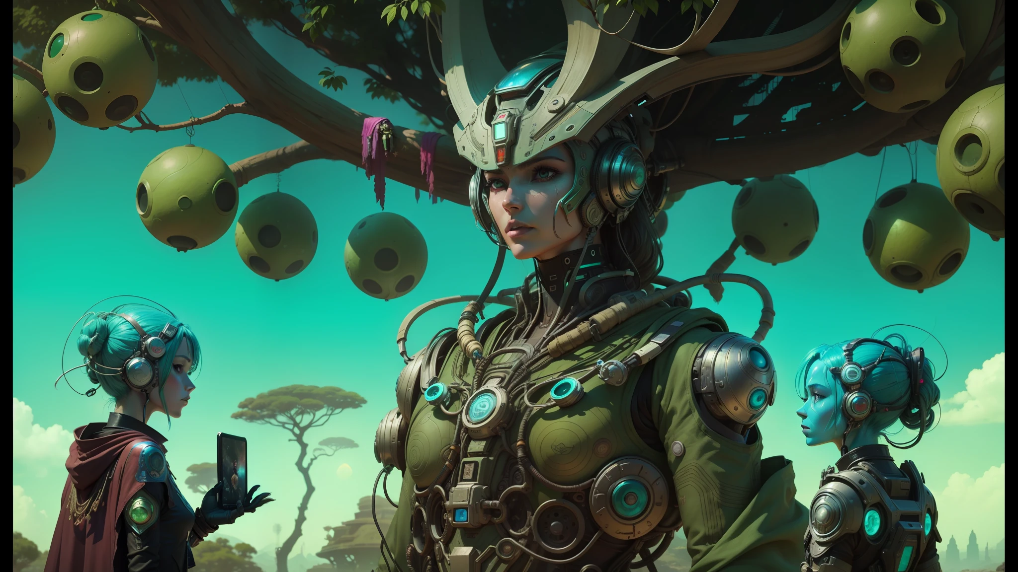 there are two women next to a robot tree with fruit, awesome sci-fi concept art, moebius and android jones, portrait of a robot shaman, from a 2 0 1 9 8k sci-fi movie, baobab tree, screenshot of a film, very surreal garden, hyper-detailed face, by Kilian Eng, cyberpunk statue, sifi --auto --s2