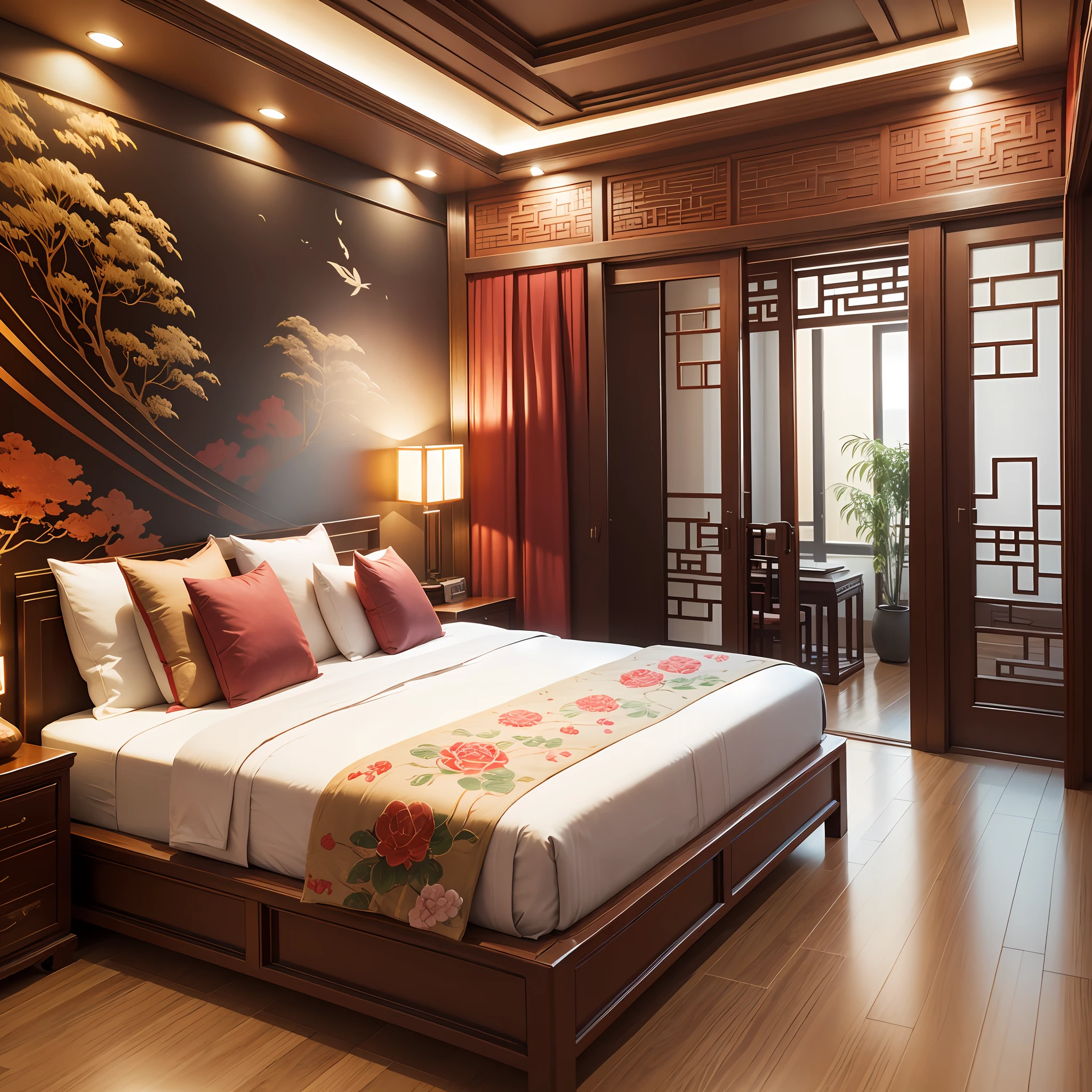New Chinese style bedroom, 20 square meters, ceiling decoration with simple Chinese elements 3D