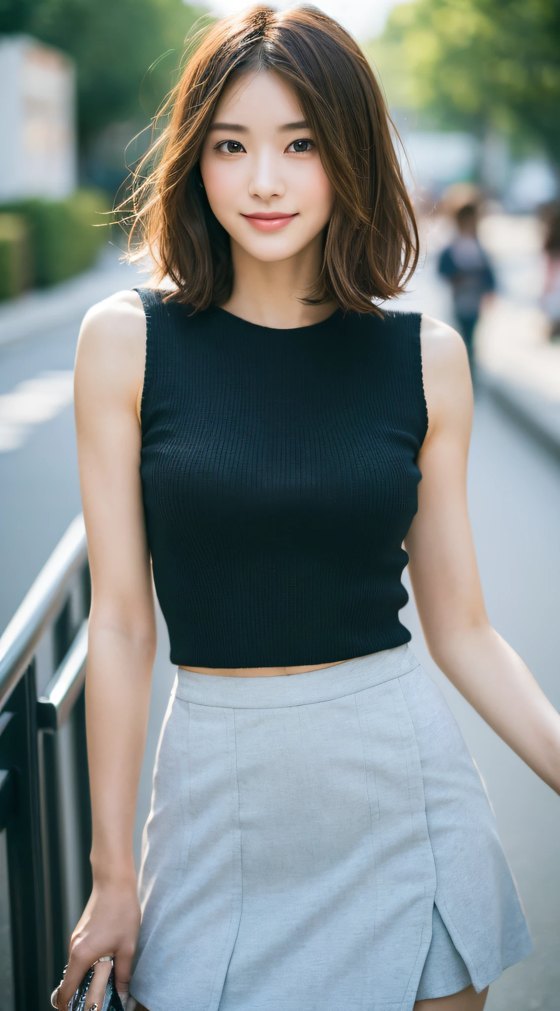 ((Top Quality, 8k, Masterpiece: 1.3)), Sharp Focus: 1.2, Perfect Body Shape Pretty Woman: 1.4, Slender Abs: 1.2, ((Layered Haircut, Big: 1.8)), (Ultra Mini Skirt: 2.0), (Street: 1.2), Highly Detailed Face and Skin Texture, Detailed Eyes, Double Eyelids, Smile, Bokeh,