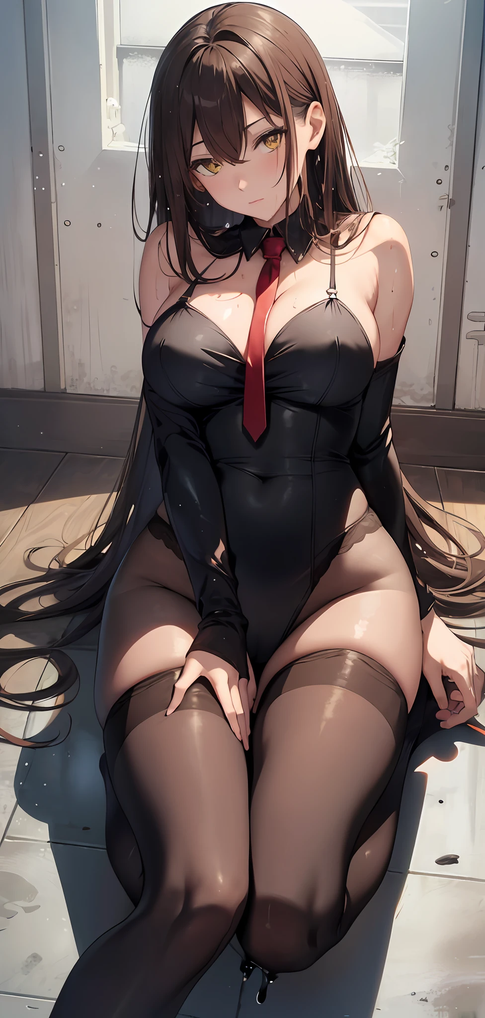 Arms between legs, hands out of frame, brown hair, yellow eyes, passionate gaze, feeling pleasure, wet legs, ???????, full body,, stockings, black pantyhose, looking down, shaking legs, wet, bodily fluids