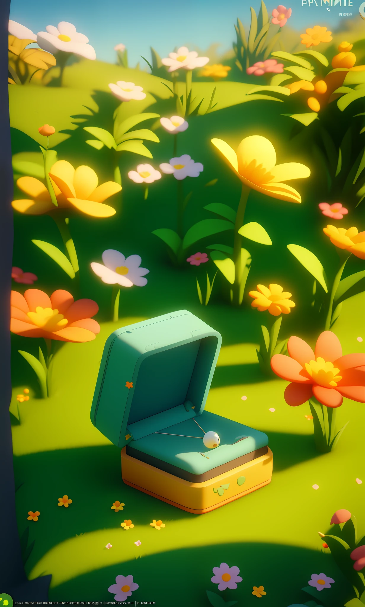 Game Scene Ambience Map, Pixar Style, Spring Scene, Green Meadow, Yellow Box, Flower Jungle, Peach Tree Blooming, Blue Sky, Casual Play Style, Lowpoly, Best Detail, 3D, Masterpiece, Best Quality, Unreal Engine, Cartoon Rendering, 8K