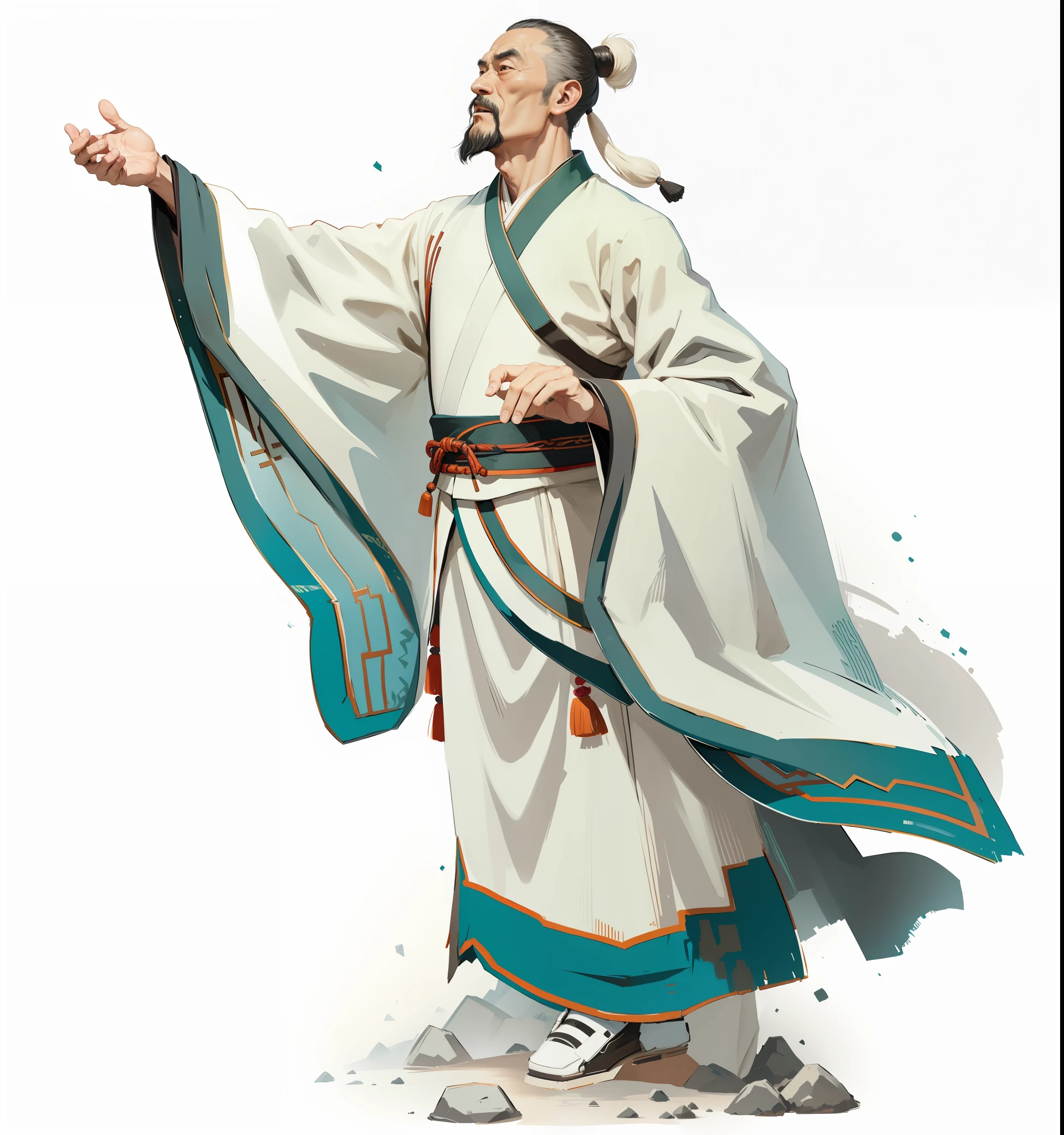 (Best quality: 1.4), anime, solo, an ancient Chinese man, head up wearing Hanfu, chanting movements, singing long sleeves, background is ink landscape, HD, 8K, perfect fingers