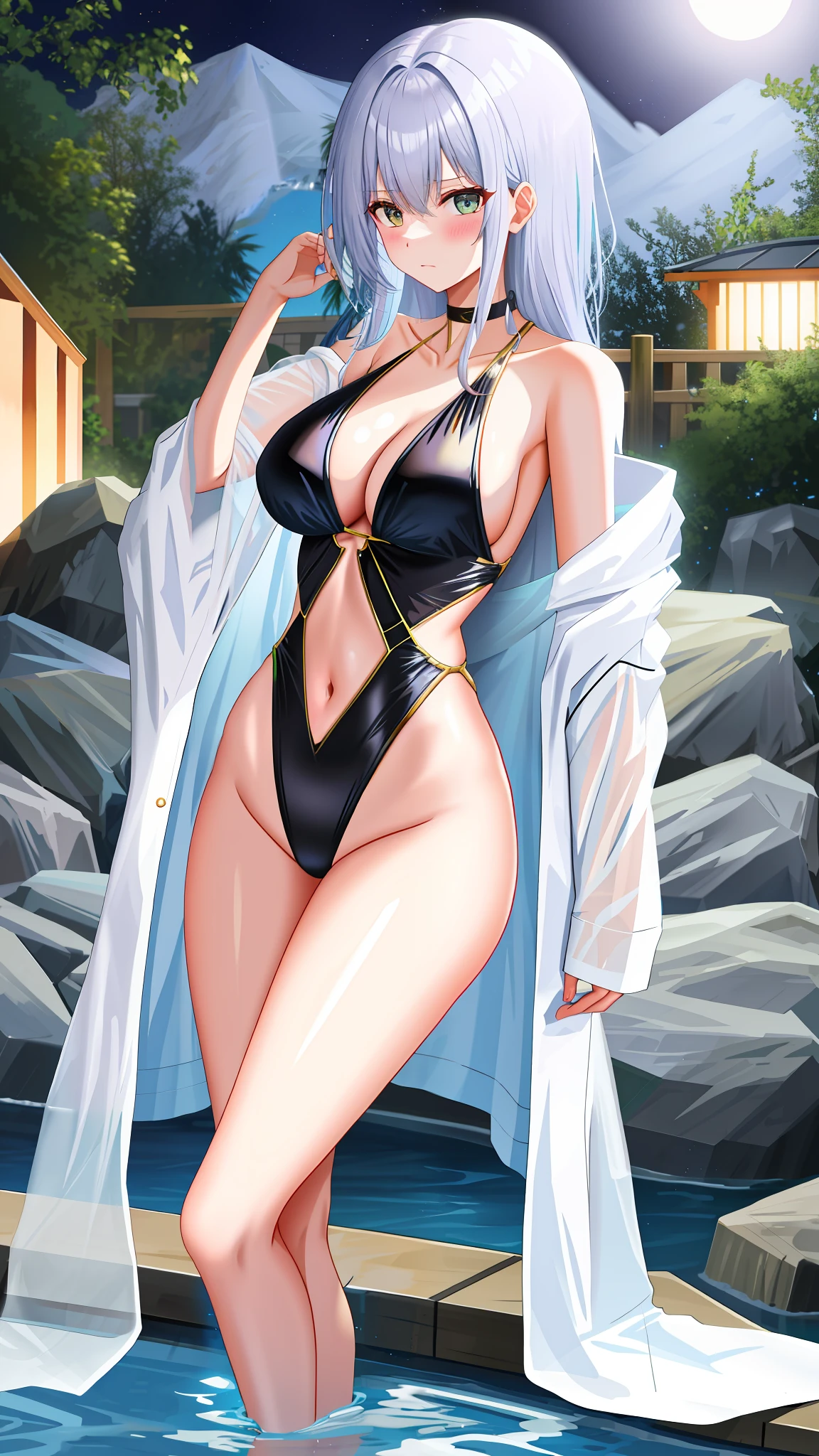 Black and gold string swimsuit, long hair