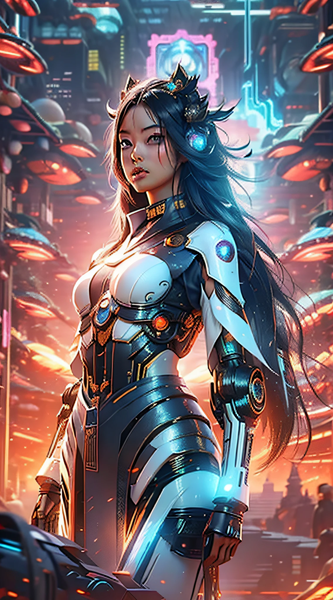 Scene magnificent, robot background, beauty in front, Asian face, long hair, futuristic technology, surrealism, ultra hd,