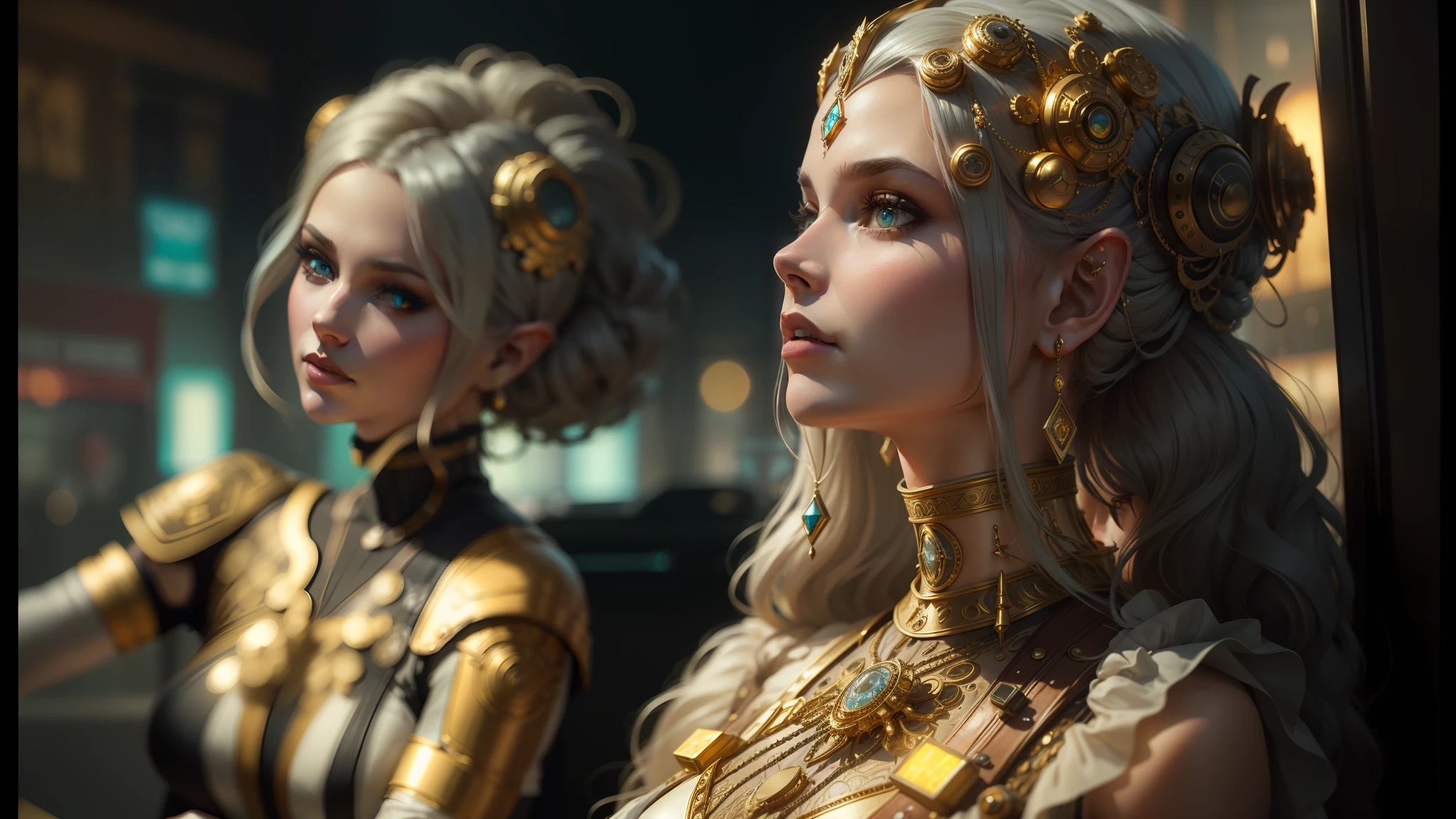 there are two women in a shop window, inspired by Mike Winkelmann, luxurious ornate gold jewelry, elven, kerli koiv modeling photography, 8k hd trending on art station, cyberpunk car, gold and silver, cyberpunk 2049, disney steampunk --auto --s2