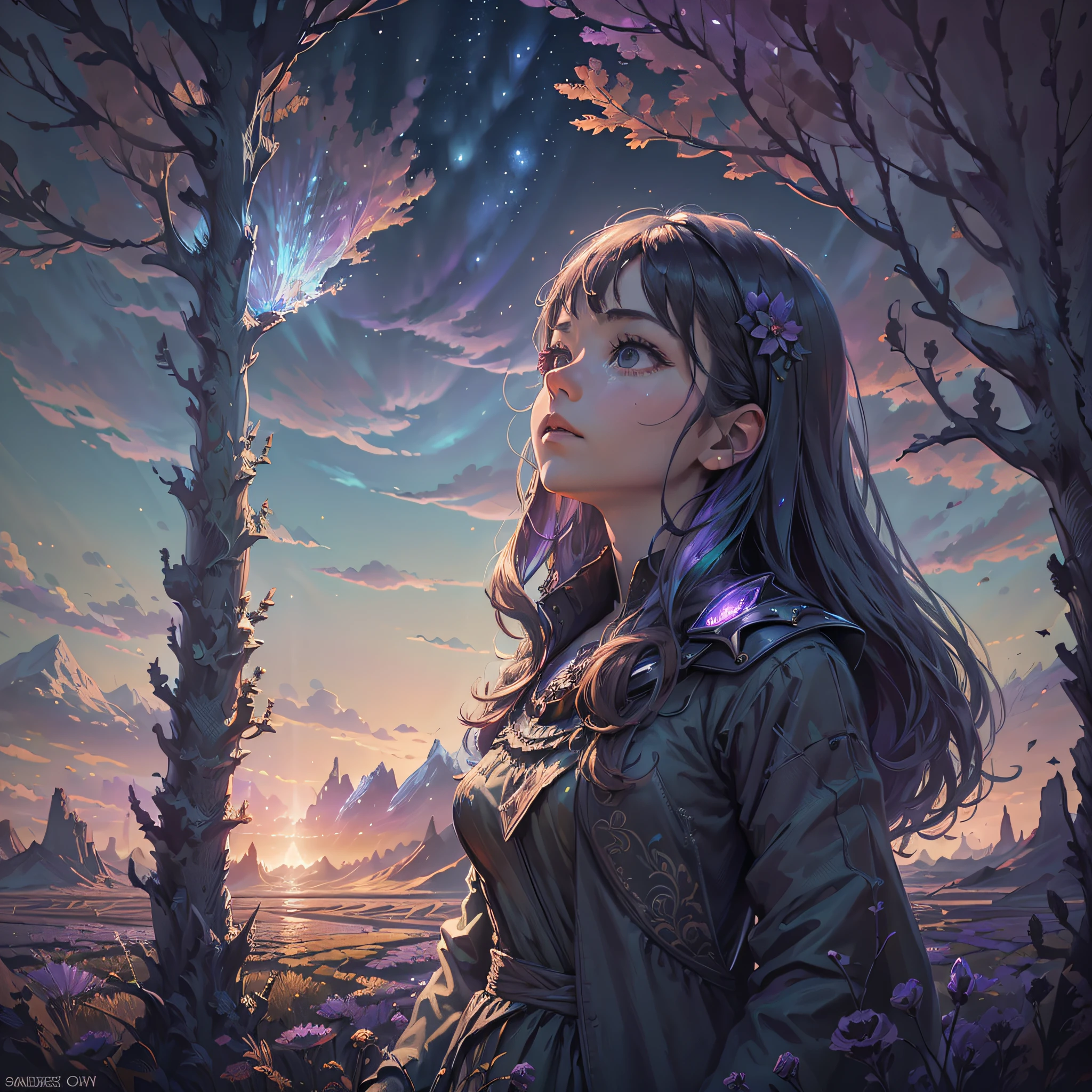 Vast landscape photo, cute girl standing in flower field looking up (view from below showing the sky above and the fields below), fantastic, top quality, realistic, distant mountain, tree Break Production art, purple and orange lots, intricate details, volumetric lighting, realism BREAK (Masterpiece: 1.2), Detail Shadow, (Best Quality), 4K, Ultra detail, ( Dynamic Composition:1.4), High Detail, Colorful Detail,( Iridescent:1.2), (Glowing Lighting, Atmospheric Lighting), Dreamy, Magical, (Solo:1.2) --auto --s2