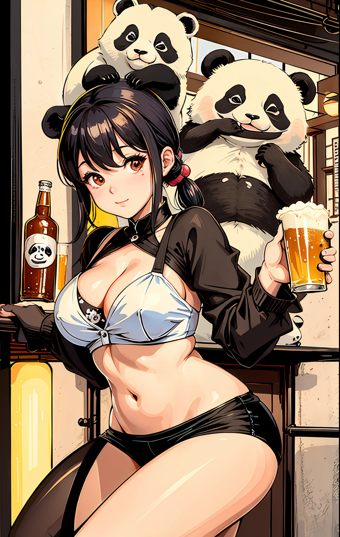 A panda drinking in a bar, bar, beauty, panda with beer in hand, panda bar, masterpiece, light neon, beauty