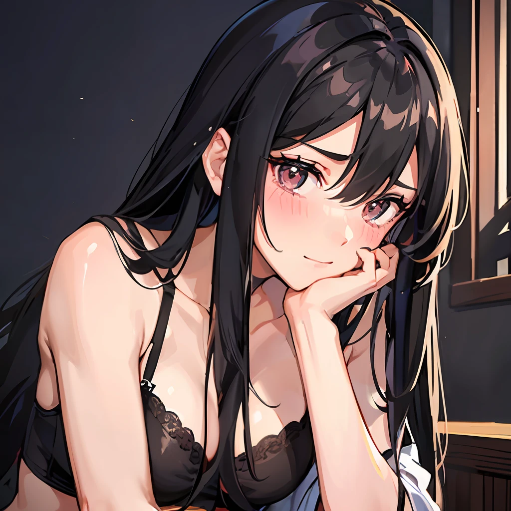 Mature boxer with long black hair. She is shy and cannot make eye contact. Her cheeks are blushing. She wears black underwear. The background is a dark bedroom. Close-up images. I'm having a conversation with someone. Sweating. Exhausted look. smile