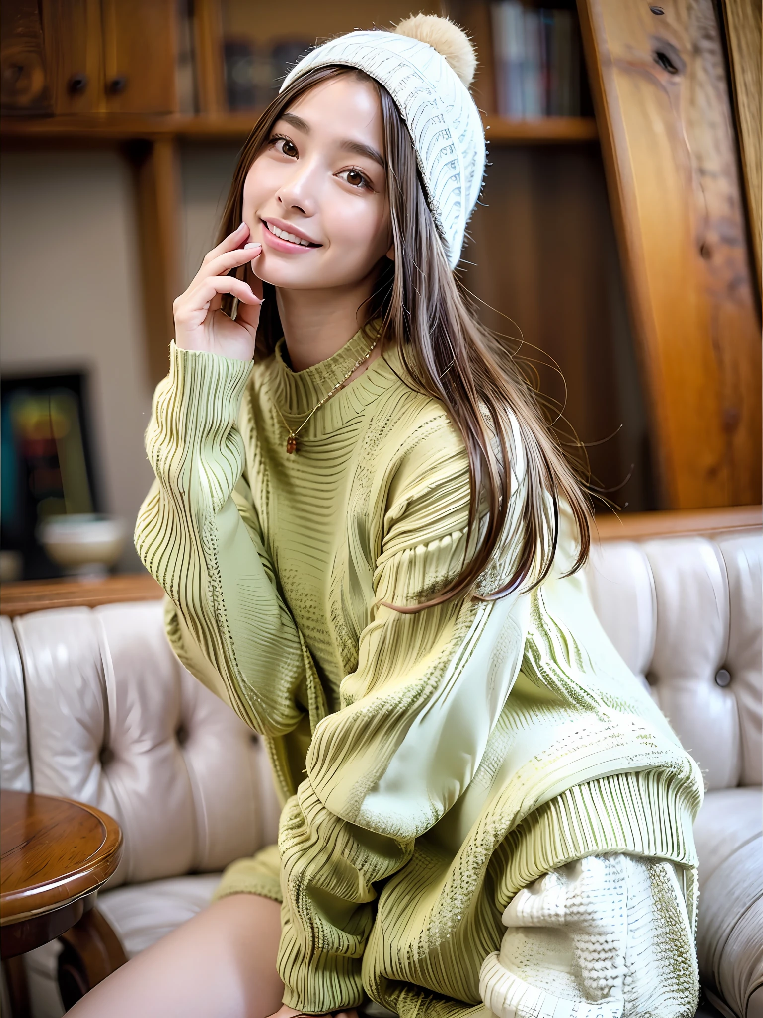 18 year old girl with perfect face and big breasts, small face, right hand and hair, cute clothes, slim and slender physique. The skin has detailed and highly detailed eyes (1.1 emphasis), very detailed skin texture (1.1 emphasis). Slender necklace, model photo style, photorealistic, skin texture is real human skin texture, detailed skin pores, intricate details, eyes are very detailed, knitted sweater, knitwear, knitted colorful!!!、! dream knitwear, highly detailed knitwear, from the knee up, attractive sexy little, smiling, eating pudding in a café, --s2