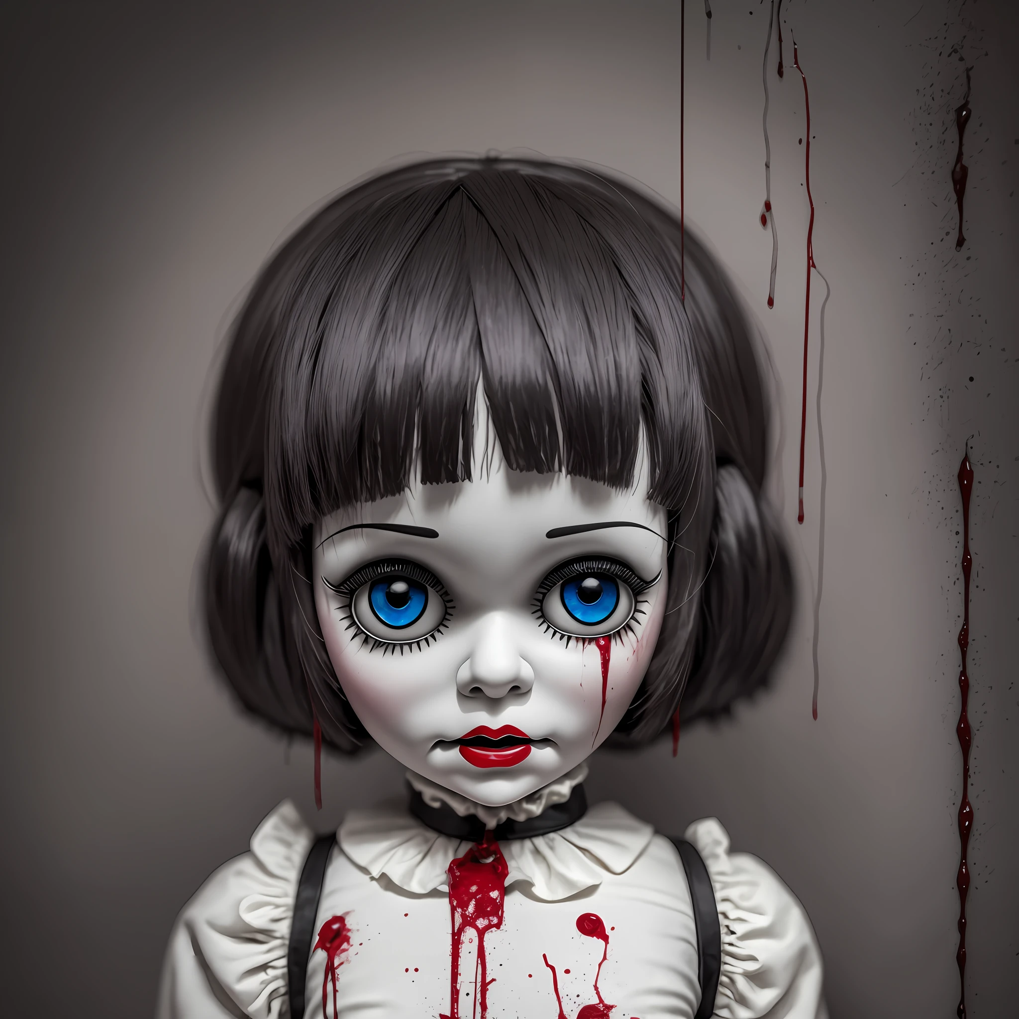 (best quality), (top quality), (dark), (whole body), (melancholy), (sadness), (agony), (terror), (horror), (black and white) ventriloquist's doll being controlled, dirty with blood.