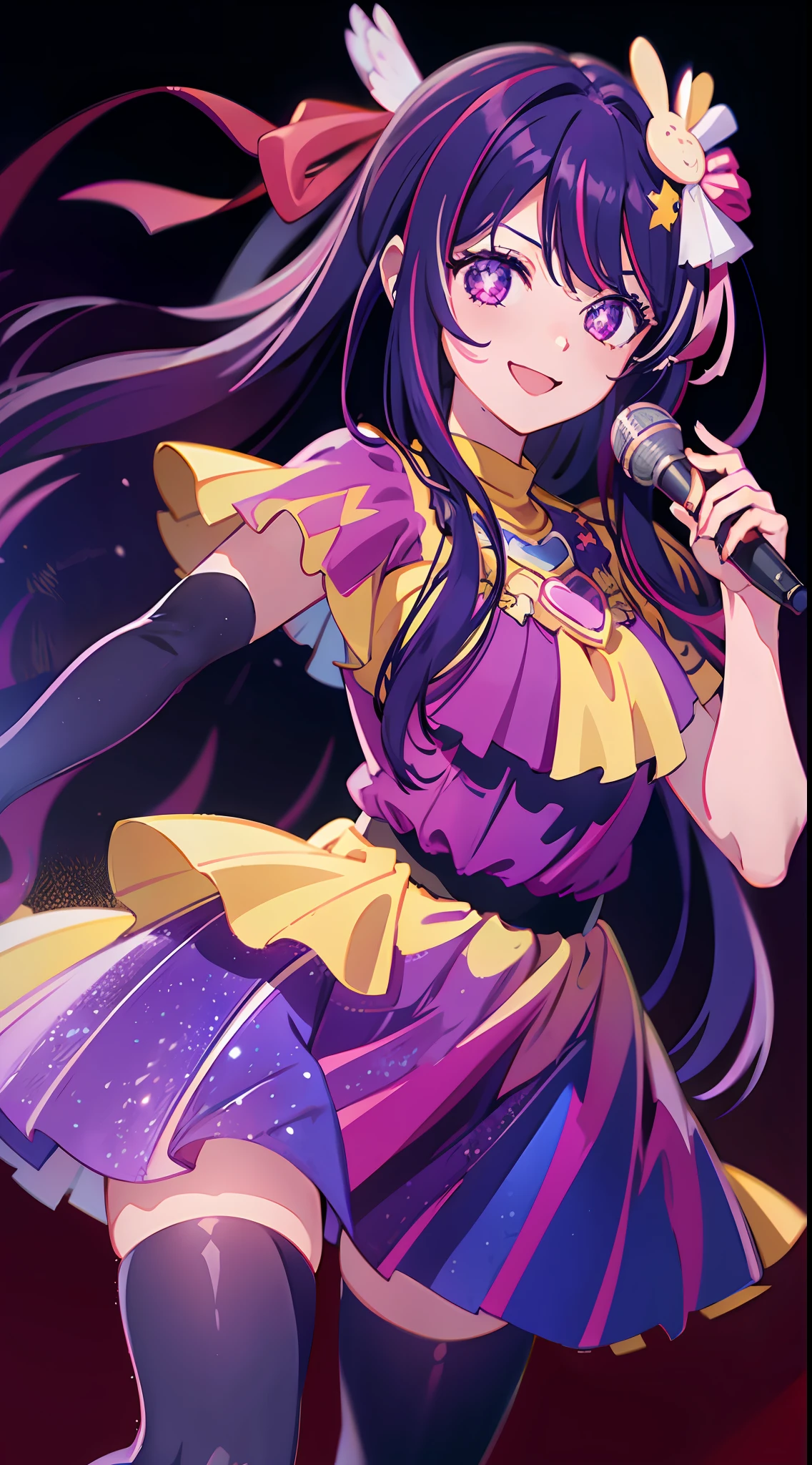 1girl, masterpiece, best quality, medium full shot, Hoshino Ai, long hair, purple hair, streaked hair ,purple eyes, star-shaped pupils, hair ornament, idol outfit, smiling, holding a mic