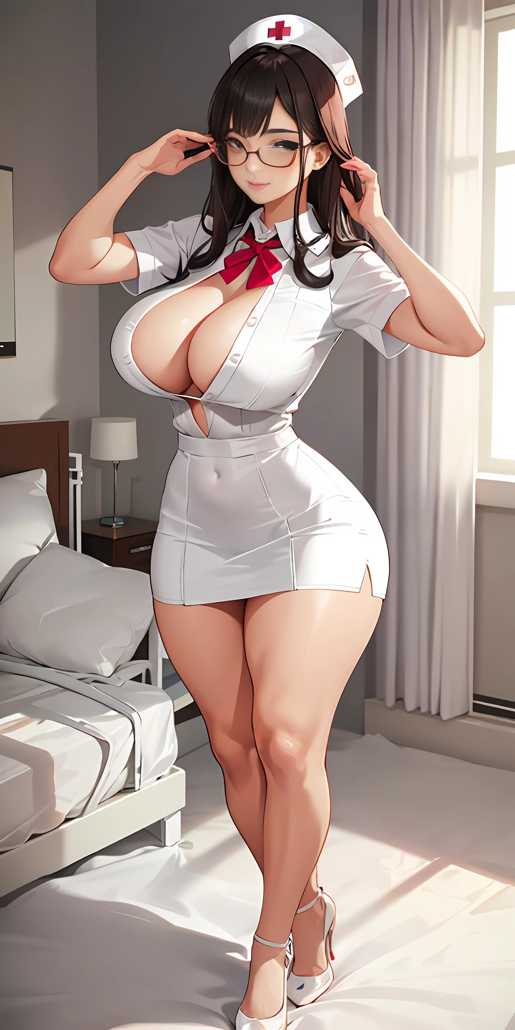 Elegant and sophisticated teacher wearing glasses playfully dressed as a nurse in a short skirt and white stockings, exposing her plump breasts, kneeling on a bed in a hospital room, in a seductive pose, highly Detailed skin textures, pproaching perfection body curve, slim waist, tight stomach, detailed hairstyles,