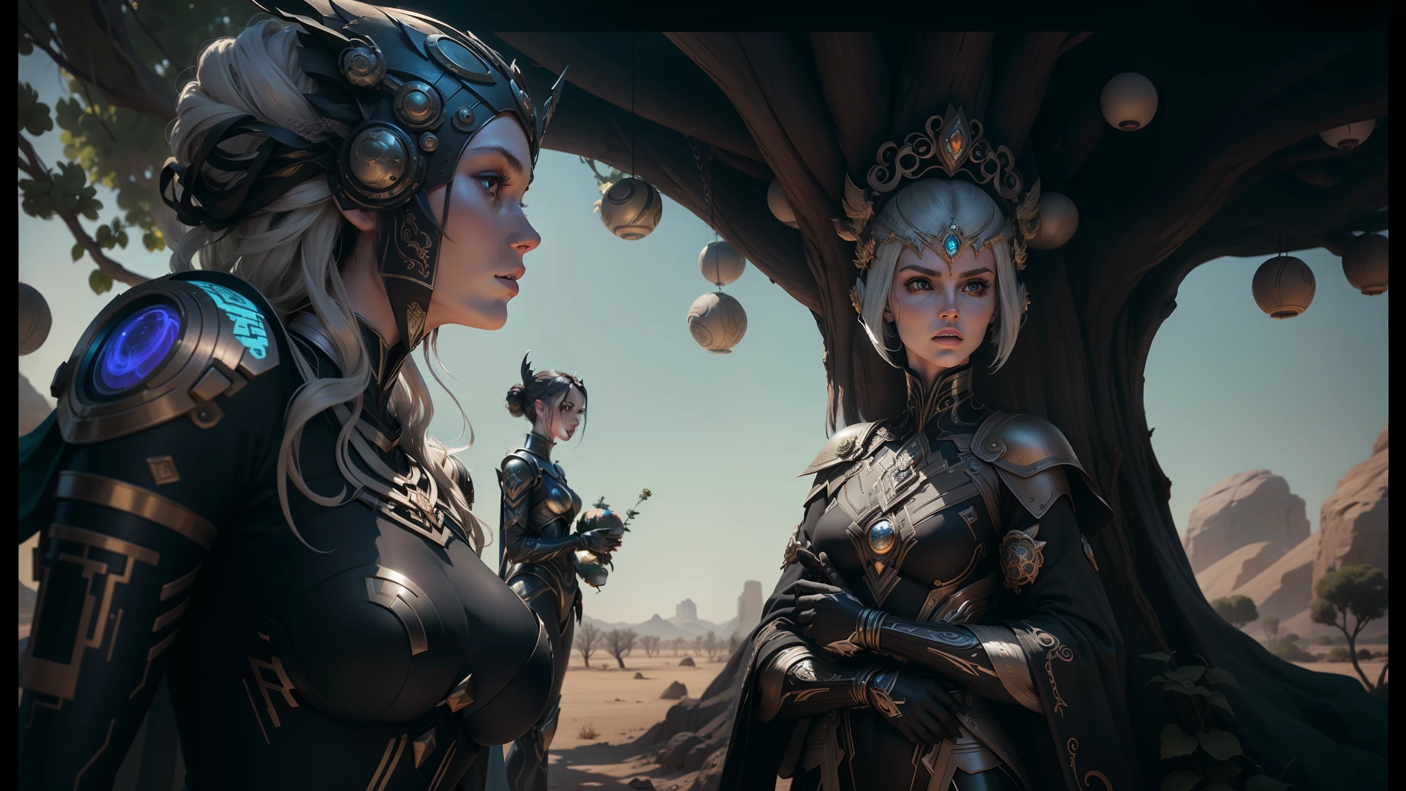 there are two androids dressed in elaborate costumes next to a tree, unreal engine art, inspired by Android Jones, the goddess of fertility, elize theron, three women, desert circus, 3 deities of spring, by Nina Tryggvadóttir, as 3 figures, eve, elfpunk, from a movie 2 0 1 9 sci fi 8 k --auto --s2