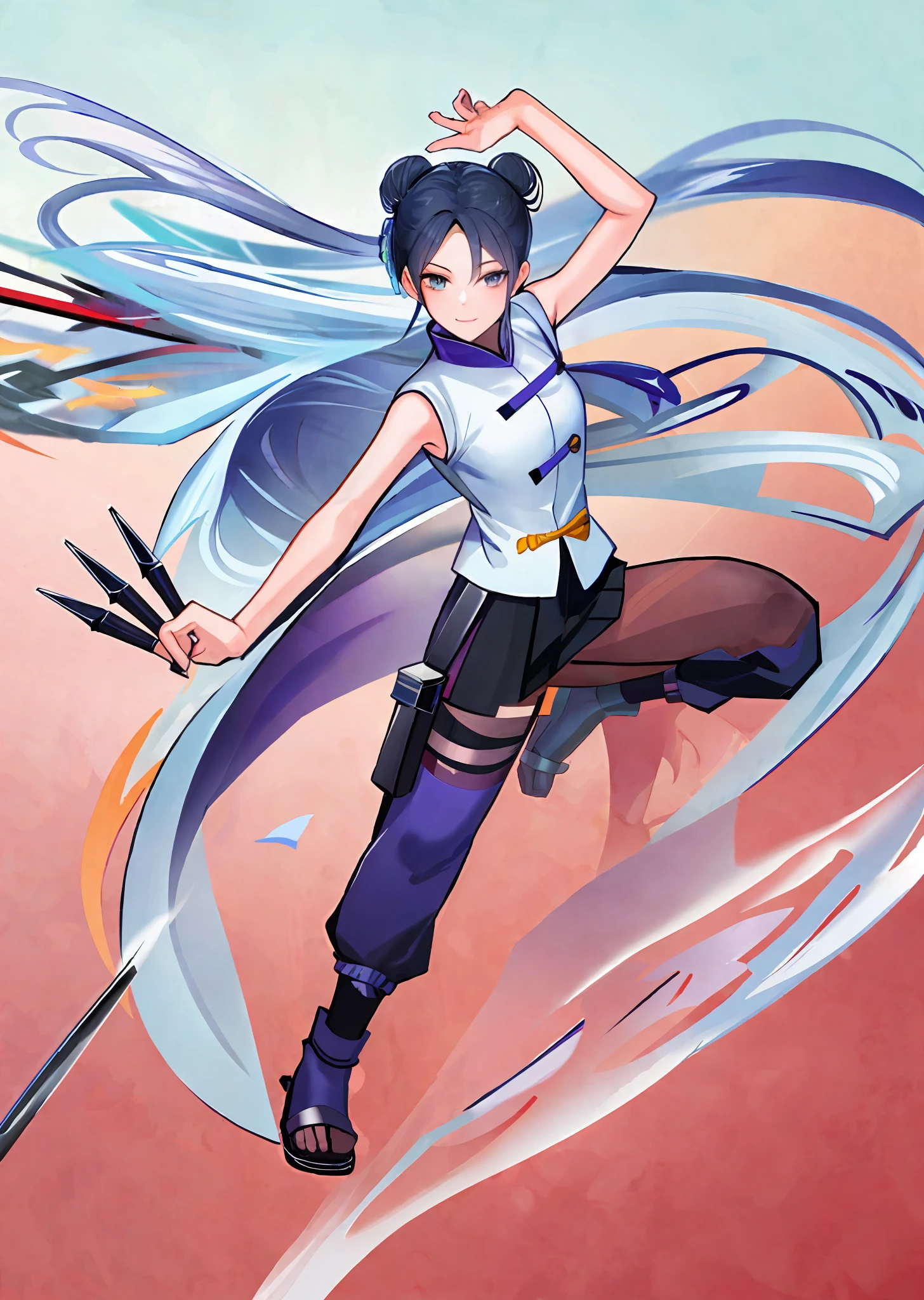 masterpiece, high quality, best quality, drawing of a woman in a short skirt holding 3 daggers, double bun, Ming from Chinese mythology, fighting pose, inspired by Tsubasa Nakai, inspired by Kamizaka Sekka, anime pose, inspired by Koichi Sakai, simple background
