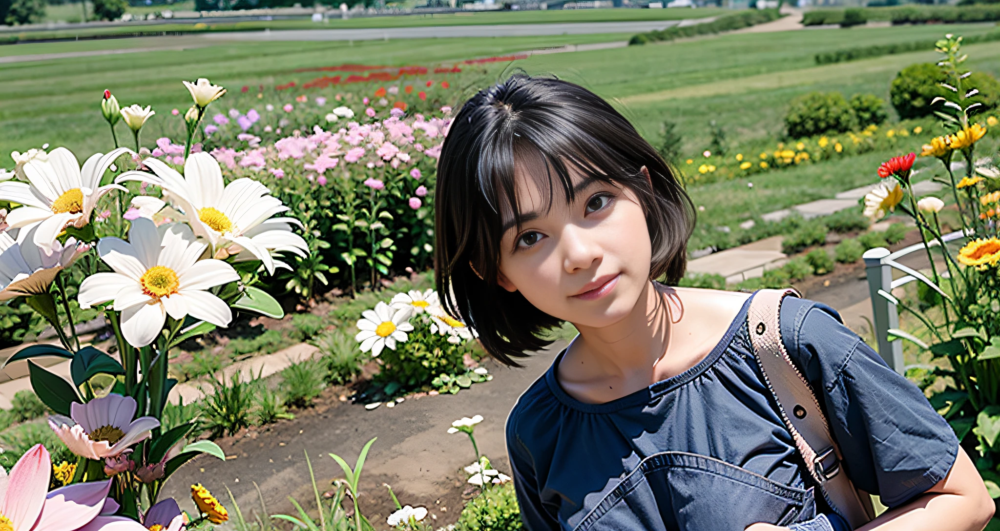 Woman standing in flower garden with camera