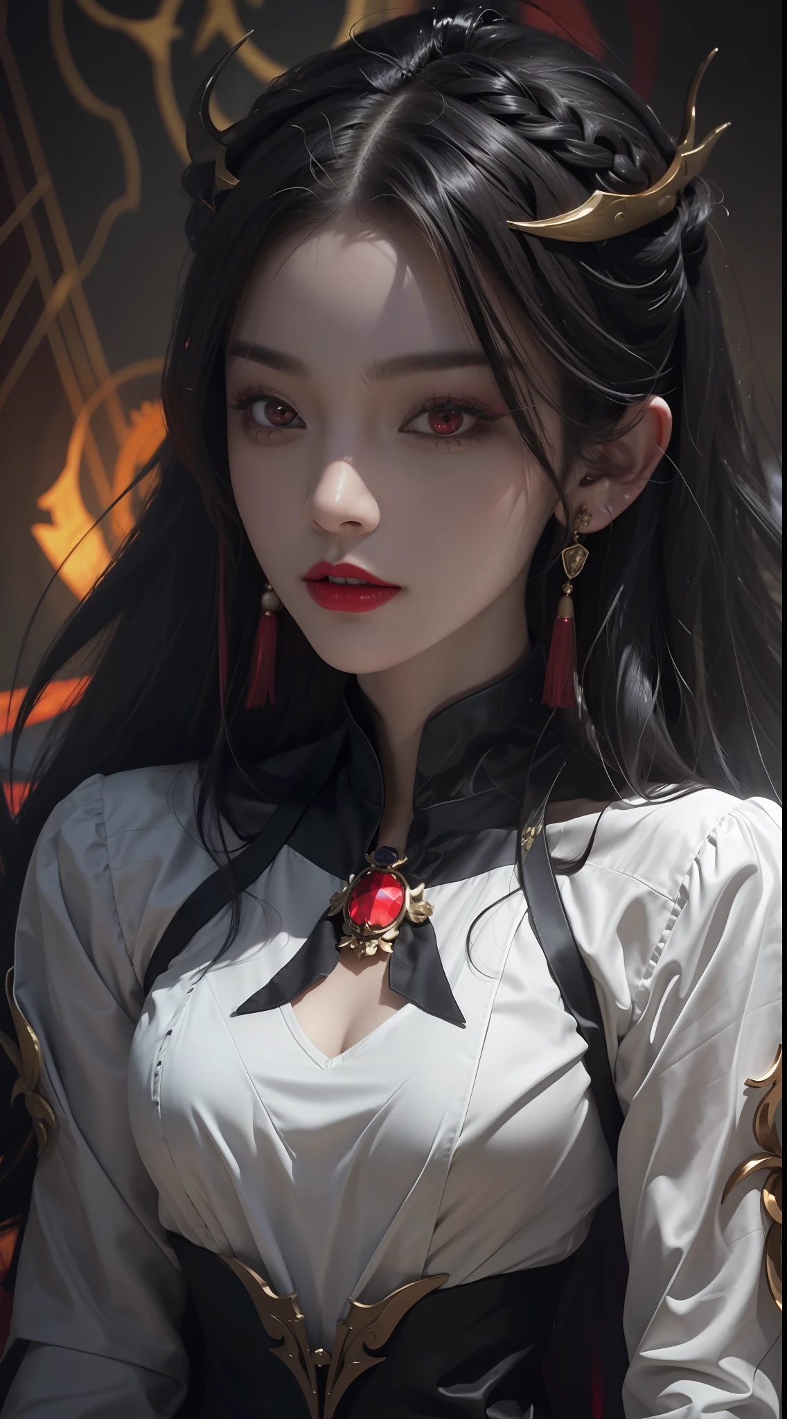 1 beautiful and seductive female devil, In the Dark: 1.6), surreal female portrait by David Hockney and Alphonse Mucha, fantasy art, korea doll, photorealism, dynamic lighting, artstation, poster, volumetric lighting, very detailed faces, 8k ultra, all body, Awarded, in the dark, deep shadow, low key, cowboy lens, (Red phoenix dress: 1.4), long hair, black hair, bust, luxurious palace, Royal style, devil crown, red eyes make up very sharp and detailed, The most beautiful face, big and regular breasts, Super realistic, chinese women's clothing, polo neck sweater, Charming smile, The eyes are very well made up, guweiz, devil style, loong, forehead mark, upper body, 2 bangs braided hair, Red lips,
