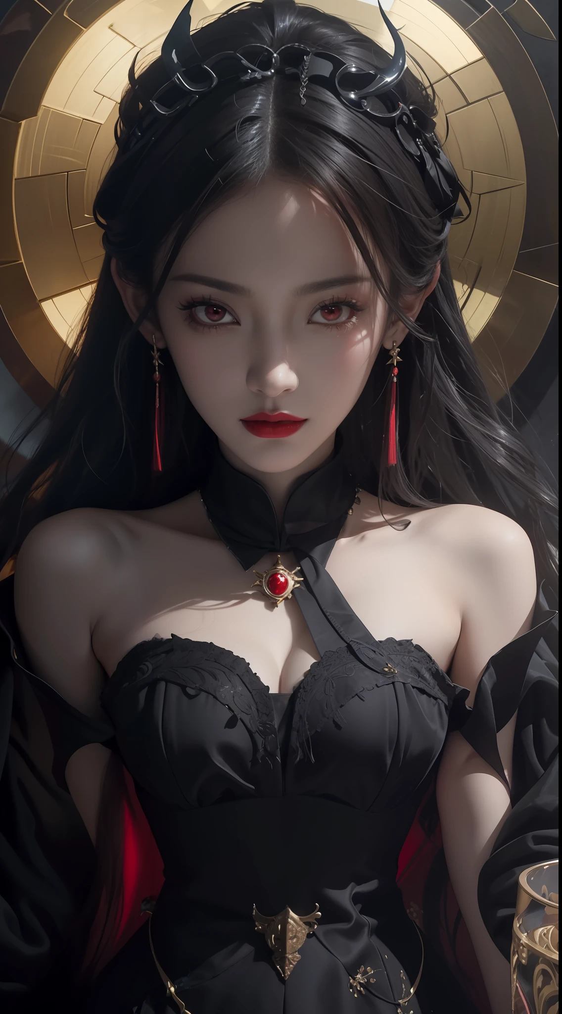1 beautiful and seductive female devil, In the Dark: 1.6), surreal female portrait by David Hockney and Alphonse Mucha, fantasy art, korea doll, photorealism, dynamic lighting, artstation, poster, volumetric lighting, very detailed faces, 8k ultra, all body, Awarded, in the dark, deep shadow, low key, cowboy lens, (Red phoenix dress: 1.4), long hair, black hair, bust, luxurious palace, Royal style, devil crown, red eyes make up very sharp and detailed, The most beautiful face, big and regular breasts, Super realistic, chinese women's clothing, polo neck sweater, Charming smile, The eyes are very well made up, guweiz, devil style, loong, forehead mark, upper body, 2 bangs braided hair, Red lips,