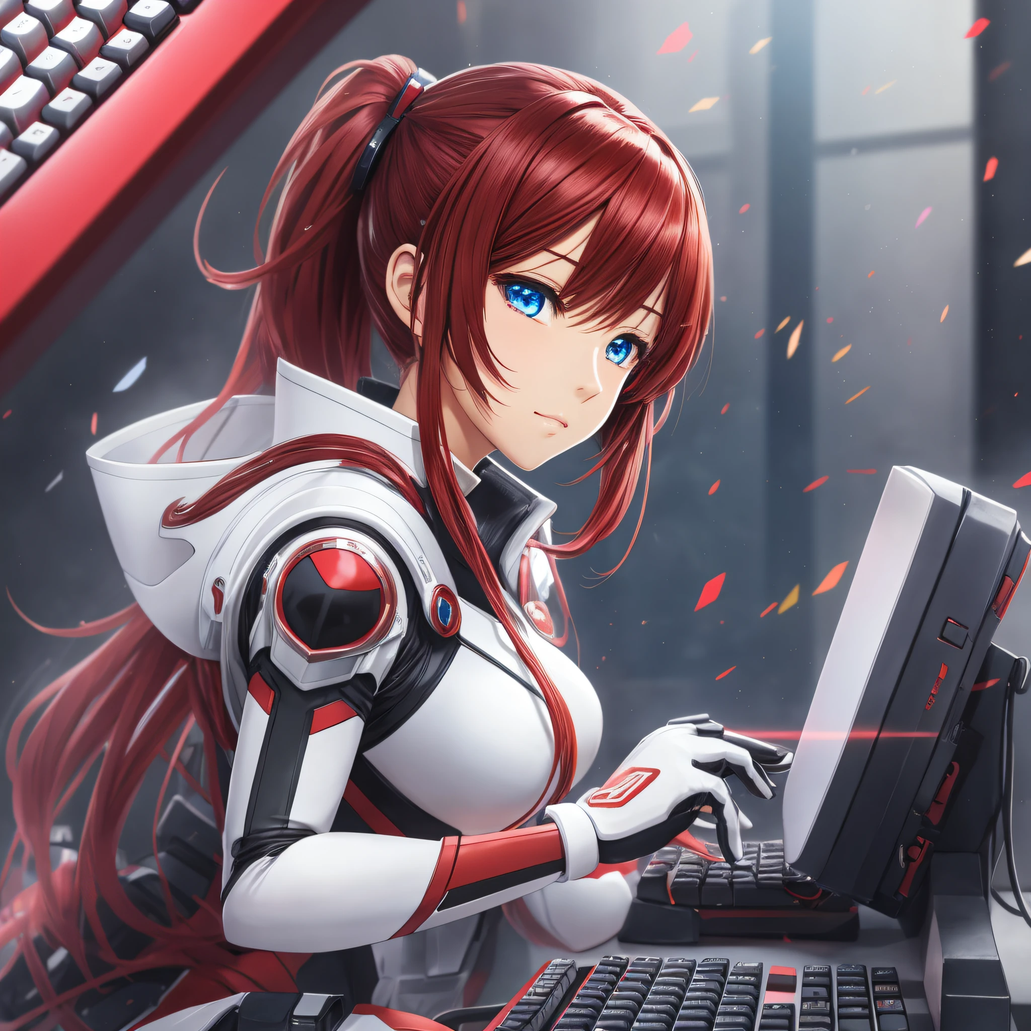 1 anime girl, solo, hero suit, multicolored hair, best quality, 8k, red hero suit, white gloves, super hero tight suit, brinf on hand a mechanical keyboard or typing mechanical keyboard --auto --s2