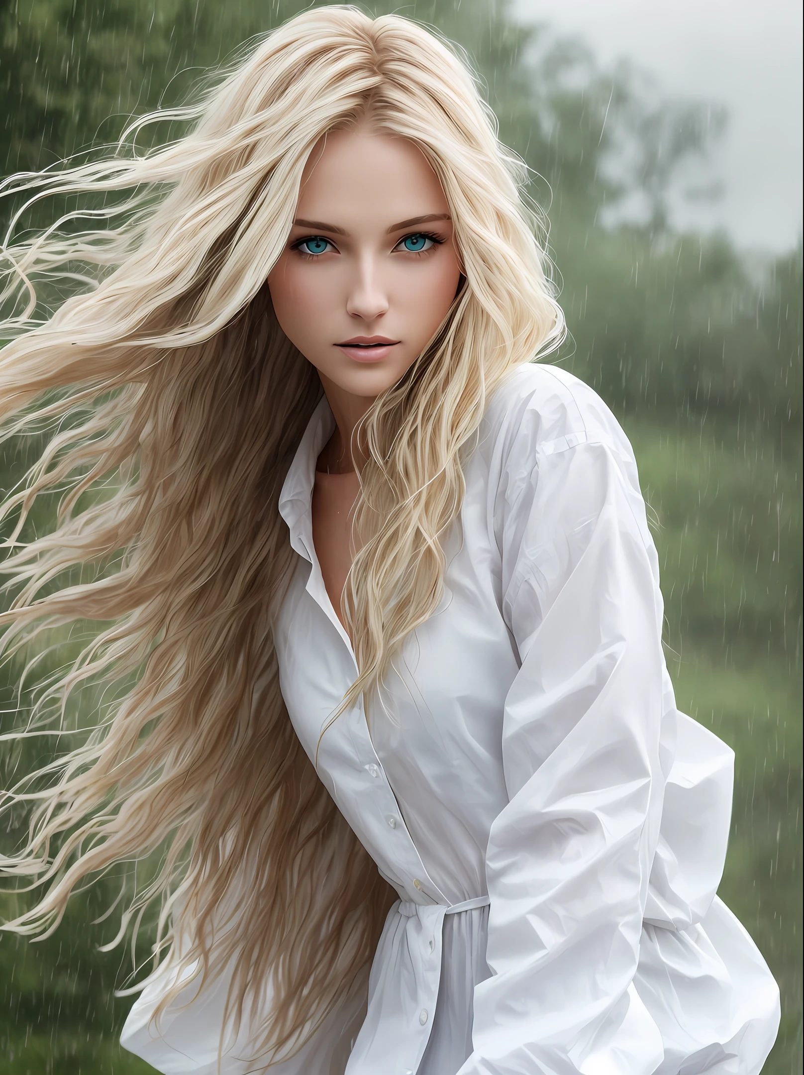 Realistic, best quality, masterpiece, upper body, beautiful woman, windblown blonde hair, green eyes, rainfall,wearing (white clothes),4k