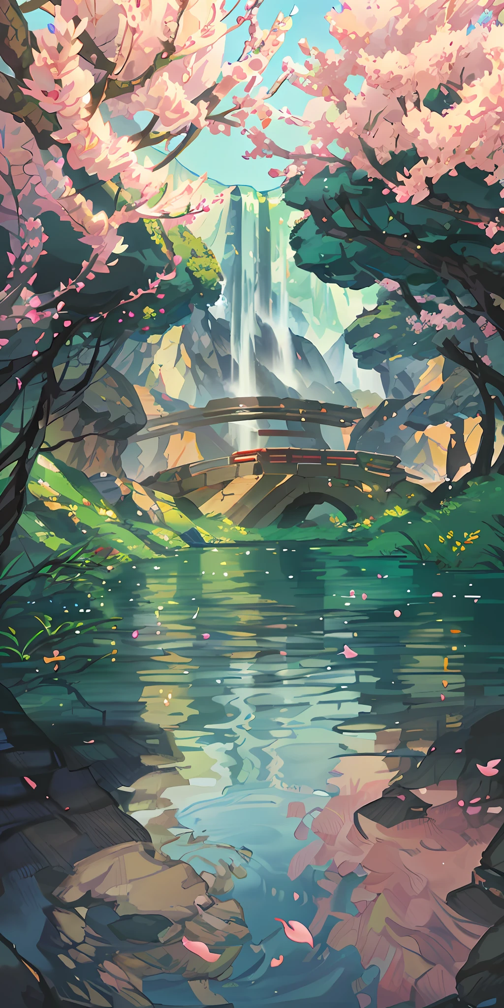 Chinese ancient times, spring, jungle, lake, cave, waterfall, tree, meadow, rock, deer, hot spring, water vapor, (illustration: 1.0), epic composition, realistic lighting, HD details, masterpiece, best quality, (very detailed CG unified 8k wallpaper)