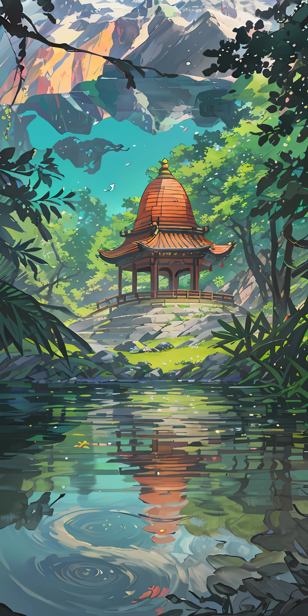 Chinese ancient times, spring, jungle, lake, cave, waterfall, tree, meadow, rock, deer, hot spring, water vapor, (illustration: 1.0), epic composition, realistic lighting, HD details, masterpiece, best quality, (very detailed CG unified 8k wallpaper)