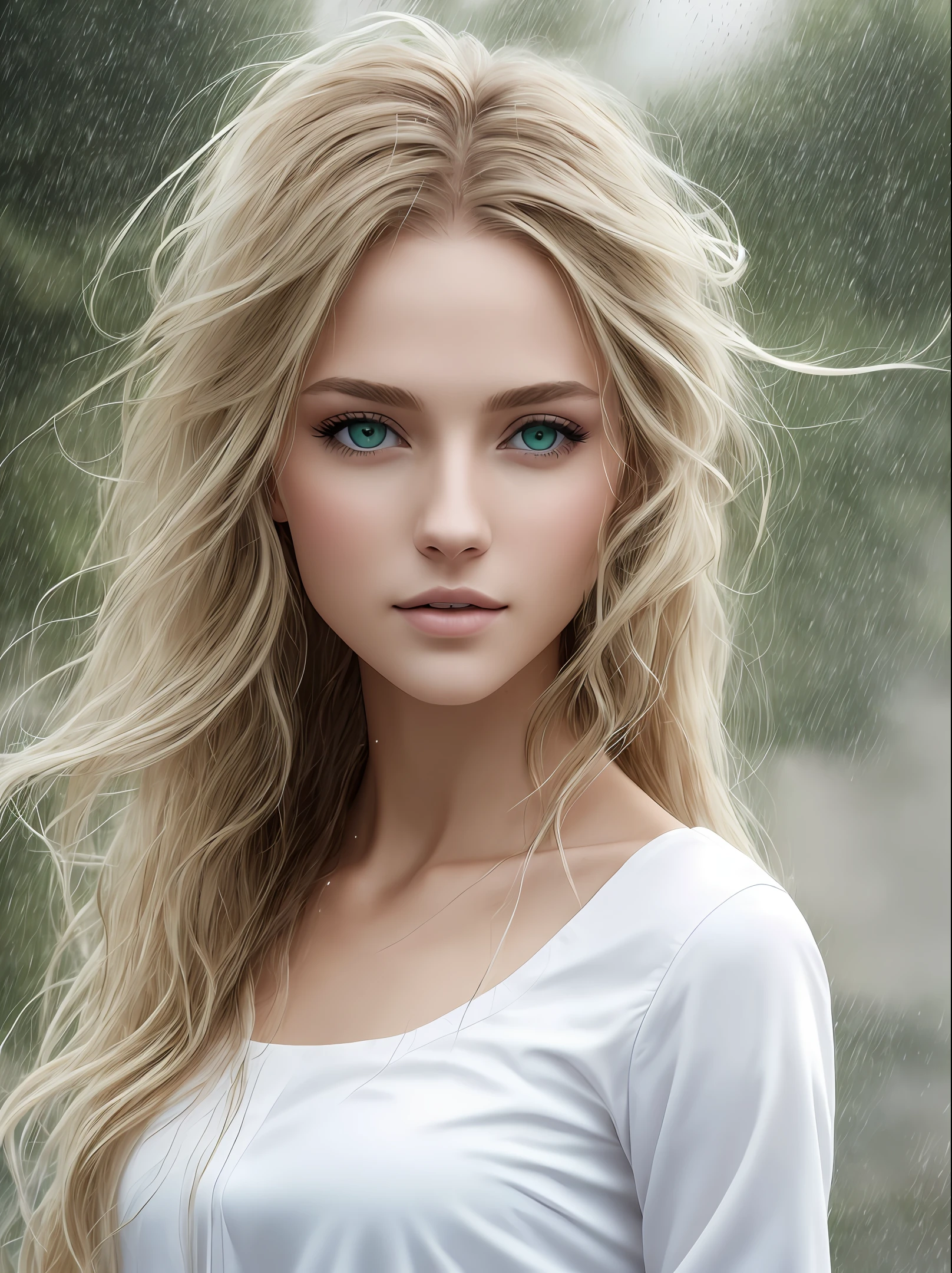 Realistic, best quality, masterpiece, upper body, beautiful woman, windblown blonde hair, green eyes, rainfall,wearing (white clothes),4k