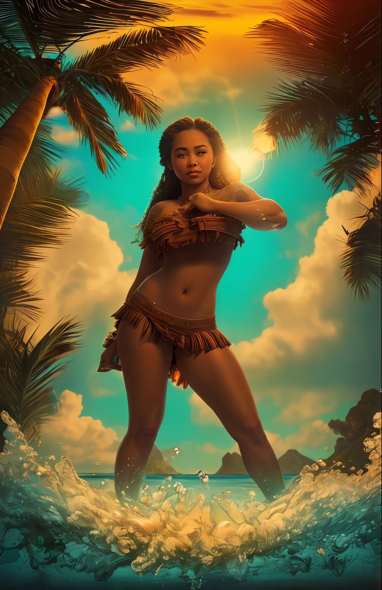 epic movie poster, volcano erupting, award winning (full body:1.3) portrait photo of a (moana:1.2), (seashell bikini:1.2), (water goddess:1.2), tribal tattoos, (wading:1.2) in the pacific (ocean:1.1), arms behind head, (partially submerged shot:1.2), (waves:0.9), desert island background, palm trees, beach,fluffy clouds in the sky, outrun, vaporware, trending on artstation, highly detailed, fine detail, intricate, (lens flare:0.9), (backlighting:0.9), (bloom:0.9), [Style-Micro::10]